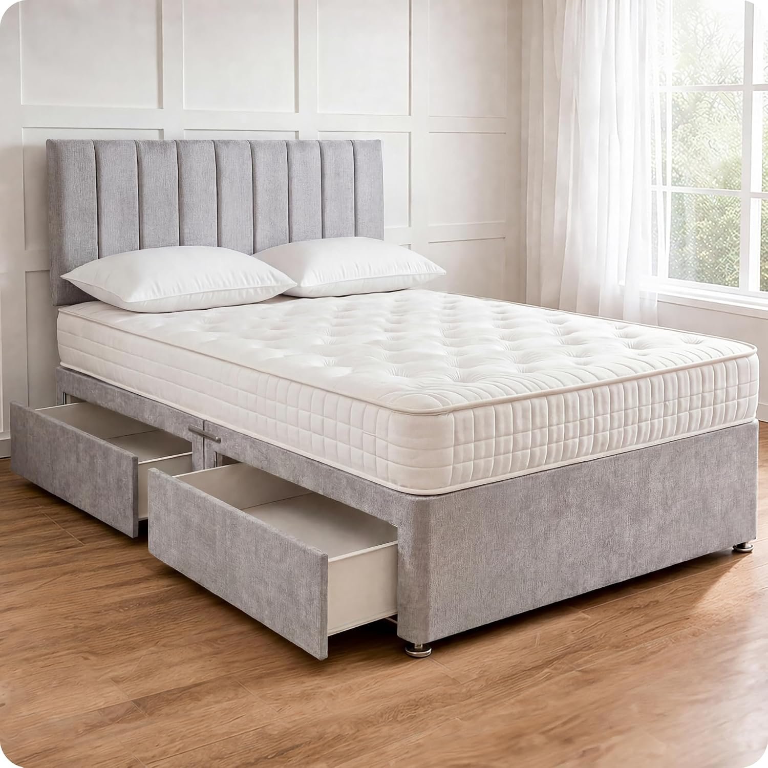 Comfy Deluxe LTD Apollo Divan Bed Set - 5FT King Size, Silver | Plush Velvetto Bed Frame with 26 Inch Headboard | Memory Sprung Mattress Included | No Storage | UK Made