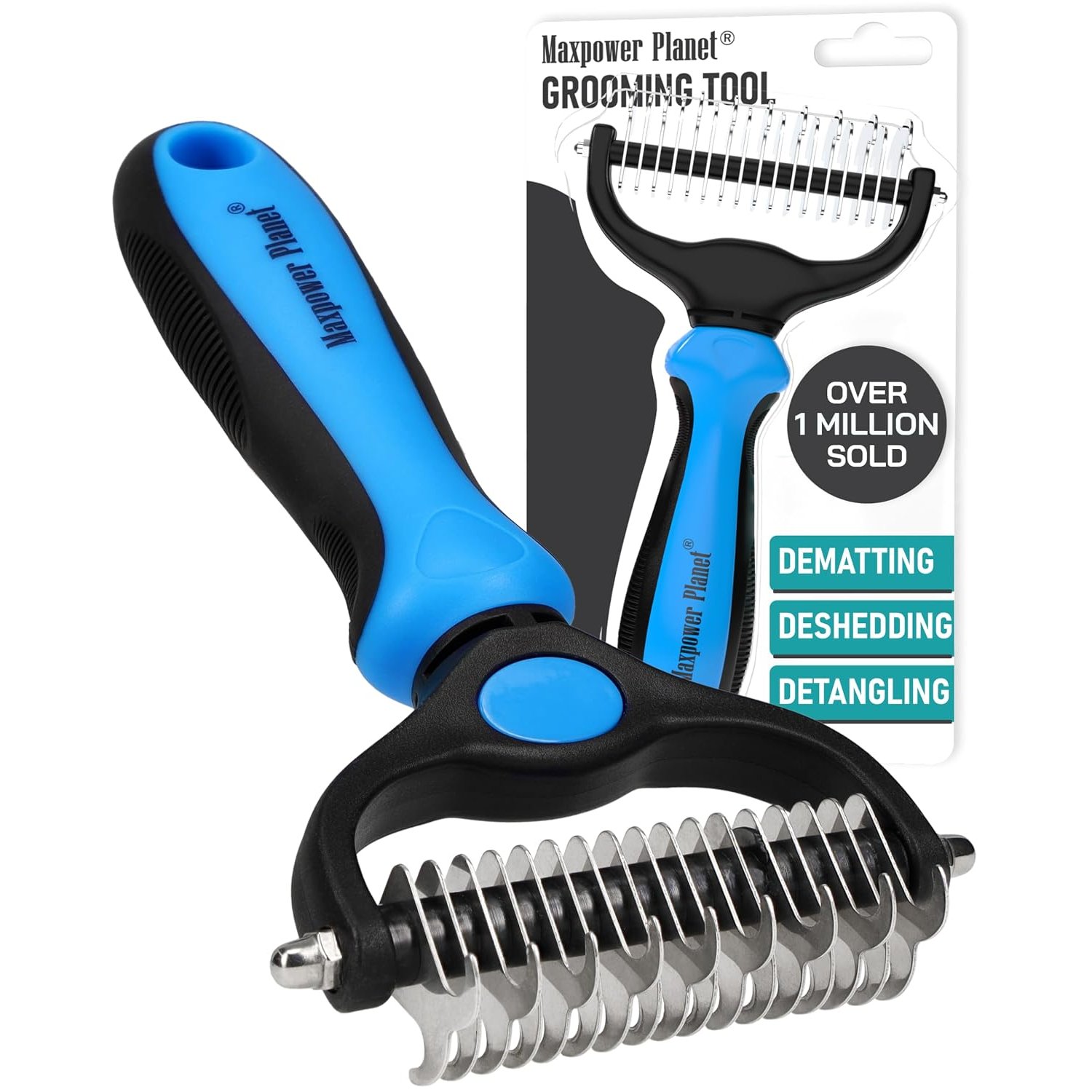 Maxpower Planet Dog Brush - Reduce Shedding by 95% - Double Sided Deshedding Dematting Tool - Undercoat Rake Dog - Dog Brushes Shedding Hair - Dog Grooming Brush - Cat Grooming Brush, Blue