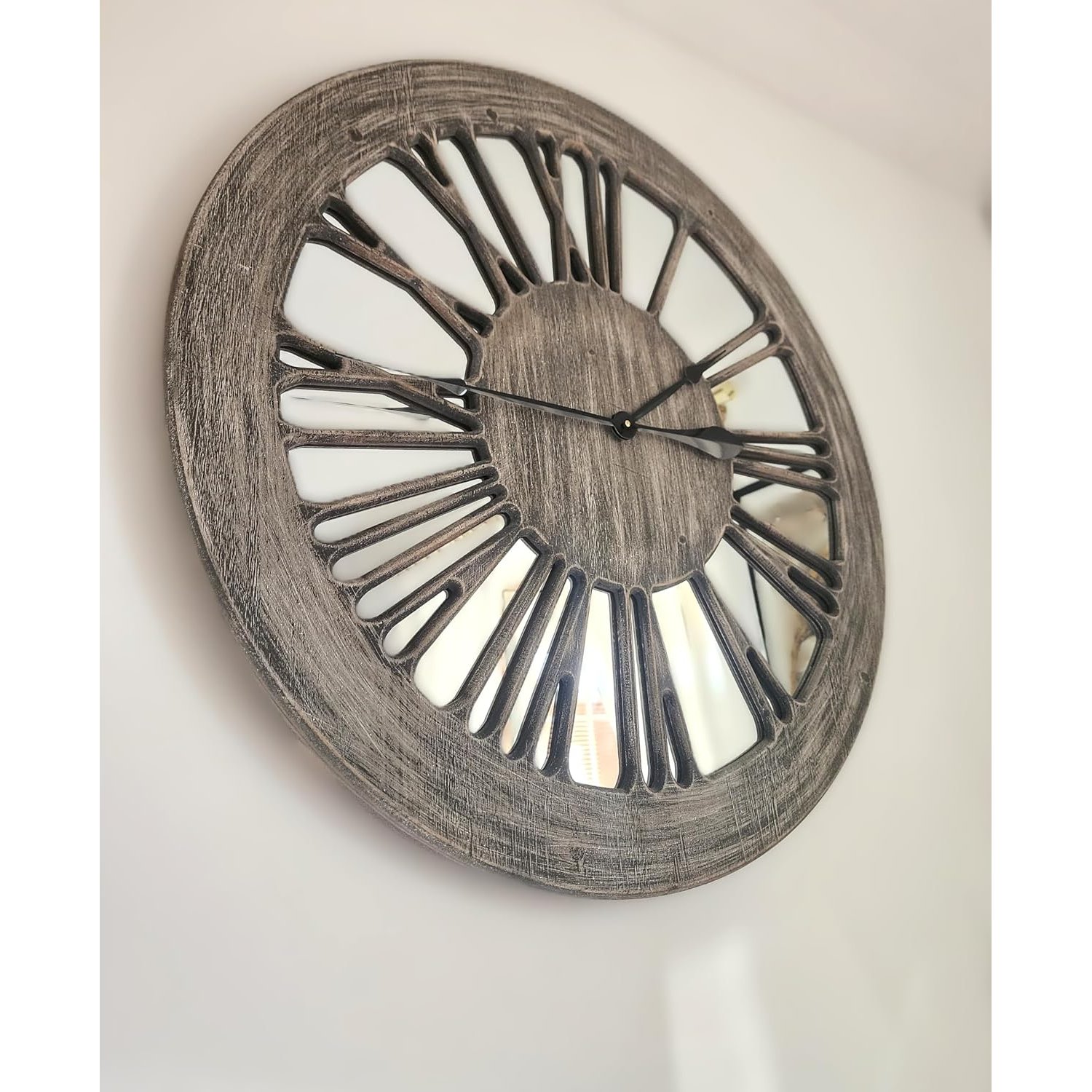 Wooden Mirror Wall Clock - XL 80cm Extra Large Skeleton Wall Clock - Wooden Wall Clock with Mirror - Roman Numerals Large for Living Room Wall - Wall Art - Contemporary Wall Clock - Silent Clock