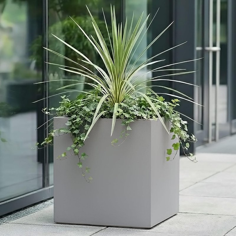 IDEALIST 40cm Square Planter for Garden| Grey Reinforced Stone Flower Pot | Garden Planters with Drainage Holes L40 W40 H40 cm, 65 litres