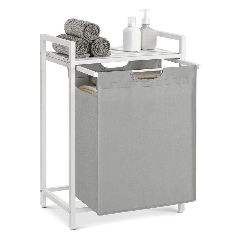 VASAGLE Laundry Basket, Laundry Hamper, Pull-Out and Removable Liner Bag, Shelf, Metal Frame, 65 L, 50 x 33 x 72 cm, Dove Grey and Matte White BLH101W03