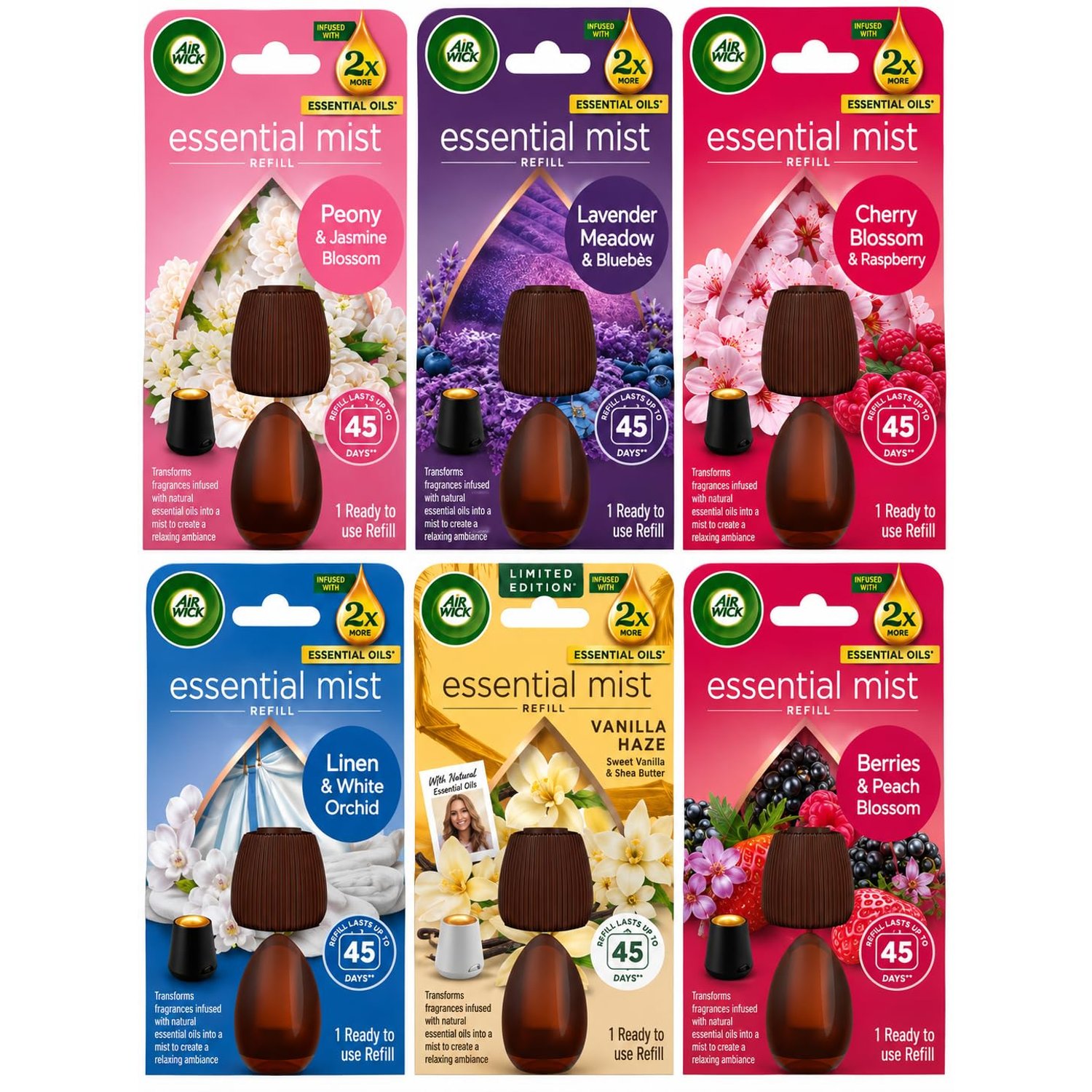 Air Wick Essential Mist Refills, Peony & Jasmine, Lavender, Cherry & Raspberry, Linen & White Orchid, Vanilla Haze, Mandarin & Sweet Orange, Pack 6 x 20ml, (6 different scents - 1 of each)