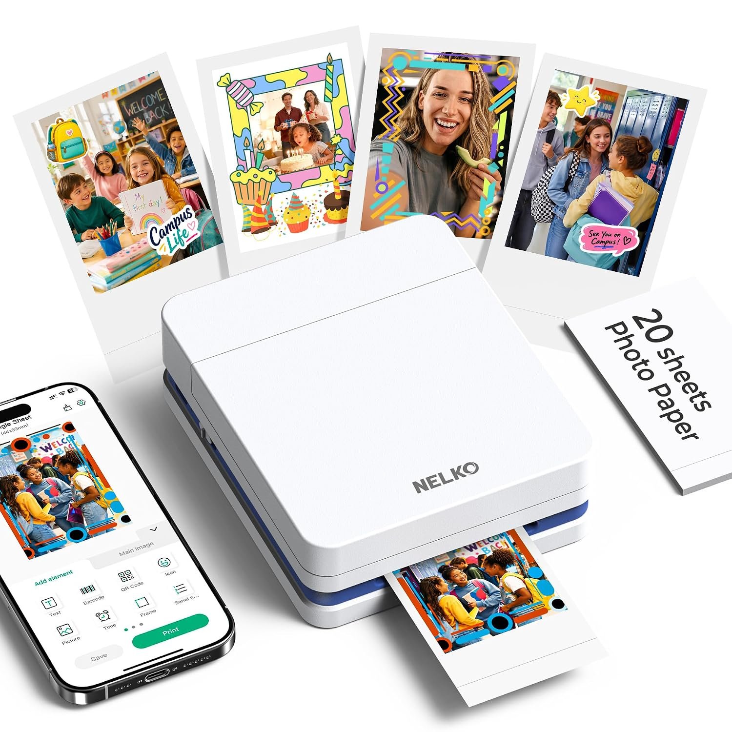 Nelko Photo Printer, PP01 Color Portable Mini Photo Printer, Instant Smartphone Inkjet Sticker Printer, Sticky-Back Photos, for iOS & Android, Picture Printer for Christmas, Fun Editing App, White