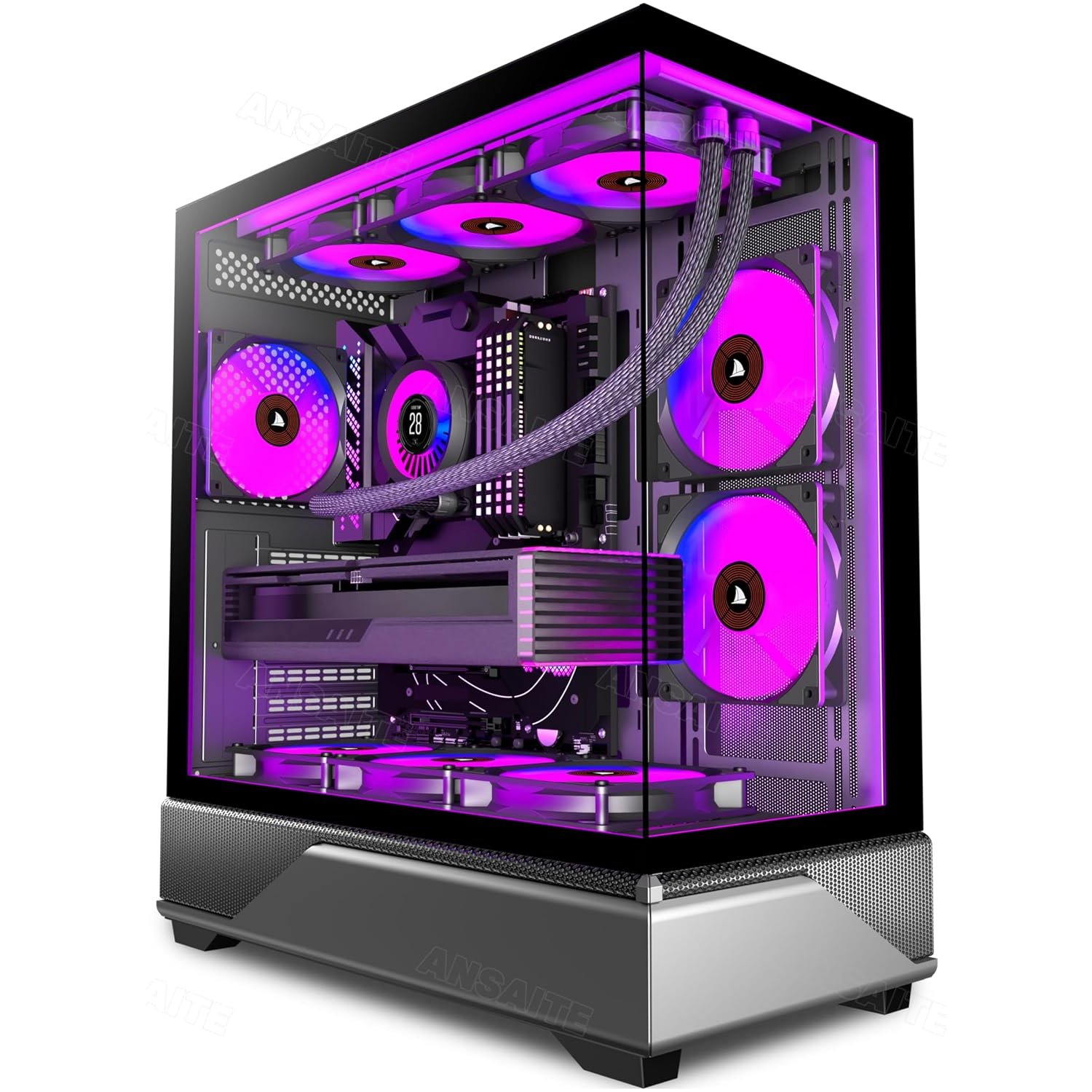 ANSAITE PC Case Pre-Installed 6 × 120mm PWM ARGB Fan, ATX Mid Tower PC Gaming Case, Computer case with Panoramic View Tempered Glass Front & Side Panel, Type C Port, Black
