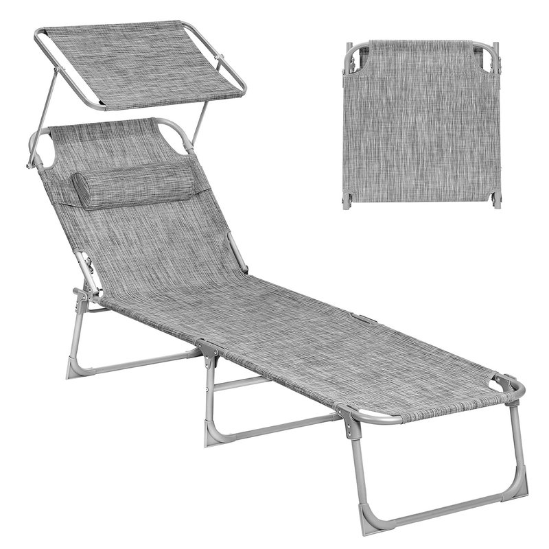 SONGMICS Sun Lounger, Deck Chair Folding, Sunbed, 193 x 53 x 29 cm, Max. Load 150 kg, with Sunshade Headrest Adjustable Backrest, Reclining Sun Chair for Terrace Pool Garden, Greige GCB19T