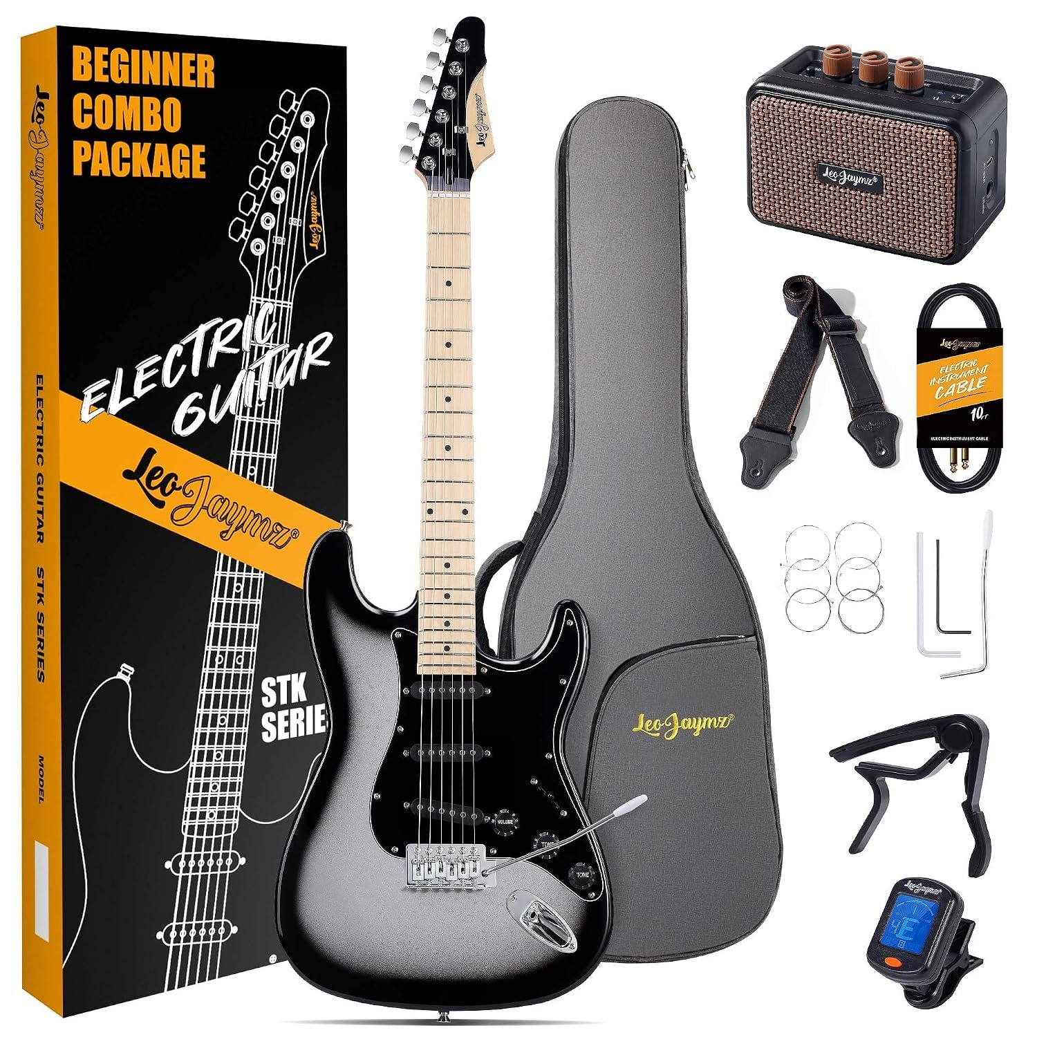 Leo Jaymz 39" Full Size ST Style Electric Guitar Starter Kit with SSH Pickup, 5W Portable Amp, Tuner, Gig Bag, Strap & Accessories(Silver Black 5W)