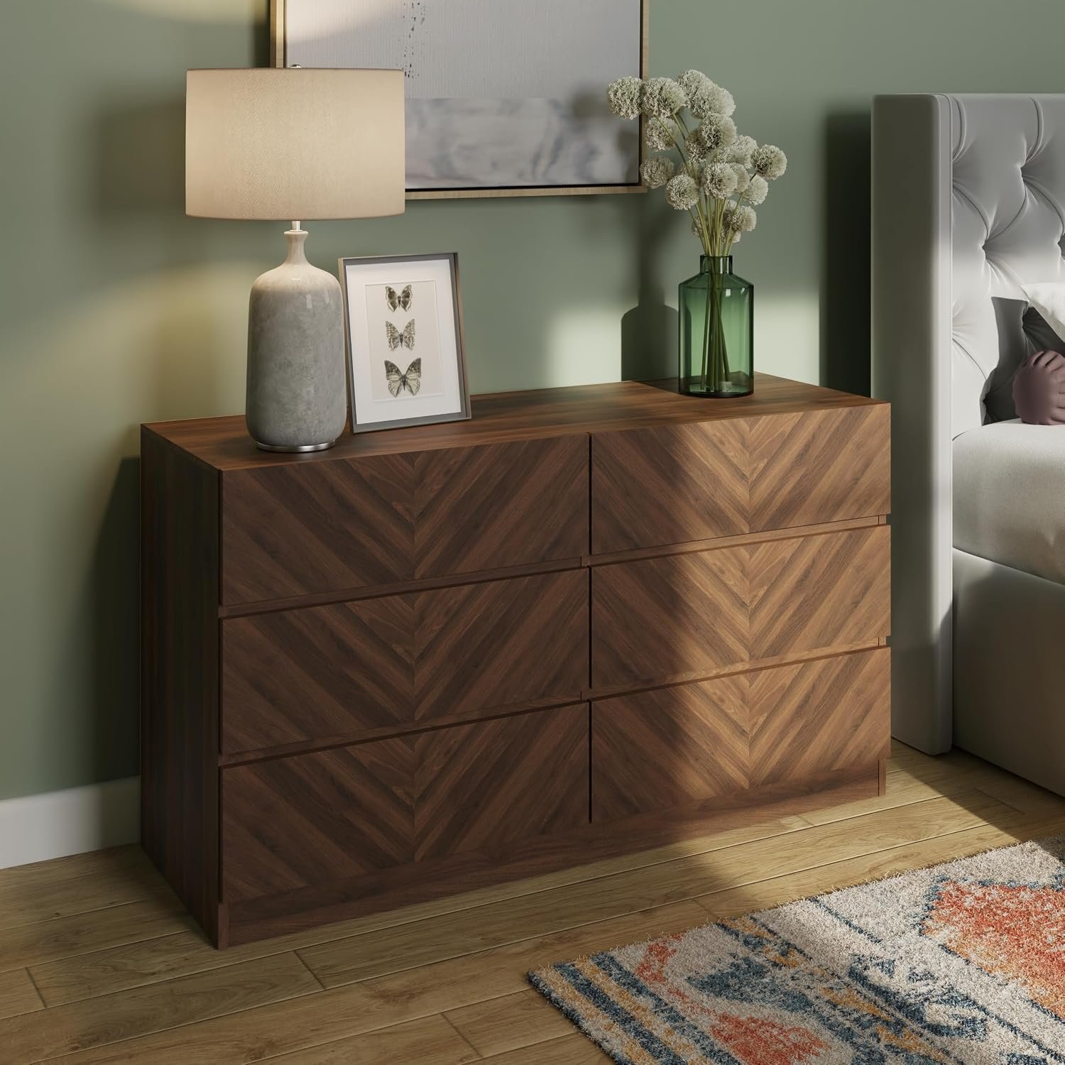 GFW Catania 3+3 Drawer Chest of Drawers, Royal Walnut Bedroom Storage Unit with Herringbone Wood Grain Design, Modern Handle-Free Furniture