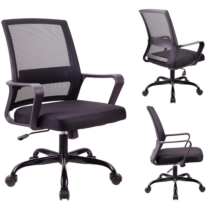 T-THREE.Adjustable office chair, ergonomic mesh swivel seat, with lumbar support, height adjustment, 360° rotation, and tilt function, mesh backrest for home office(Black)
