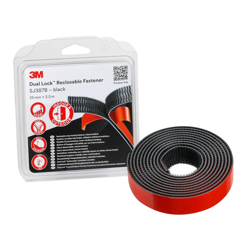 3M Dual Lock Reclosable Fastener SJ387B, Industrial Strength Adhesion to Powder Coated Paints, Metal, Glass, Sealed Wood, Acrylic, Polycarbonate, 25mm x 2.5m, 6.1mm, Black, Mushroom-Shaped, 1 Roll