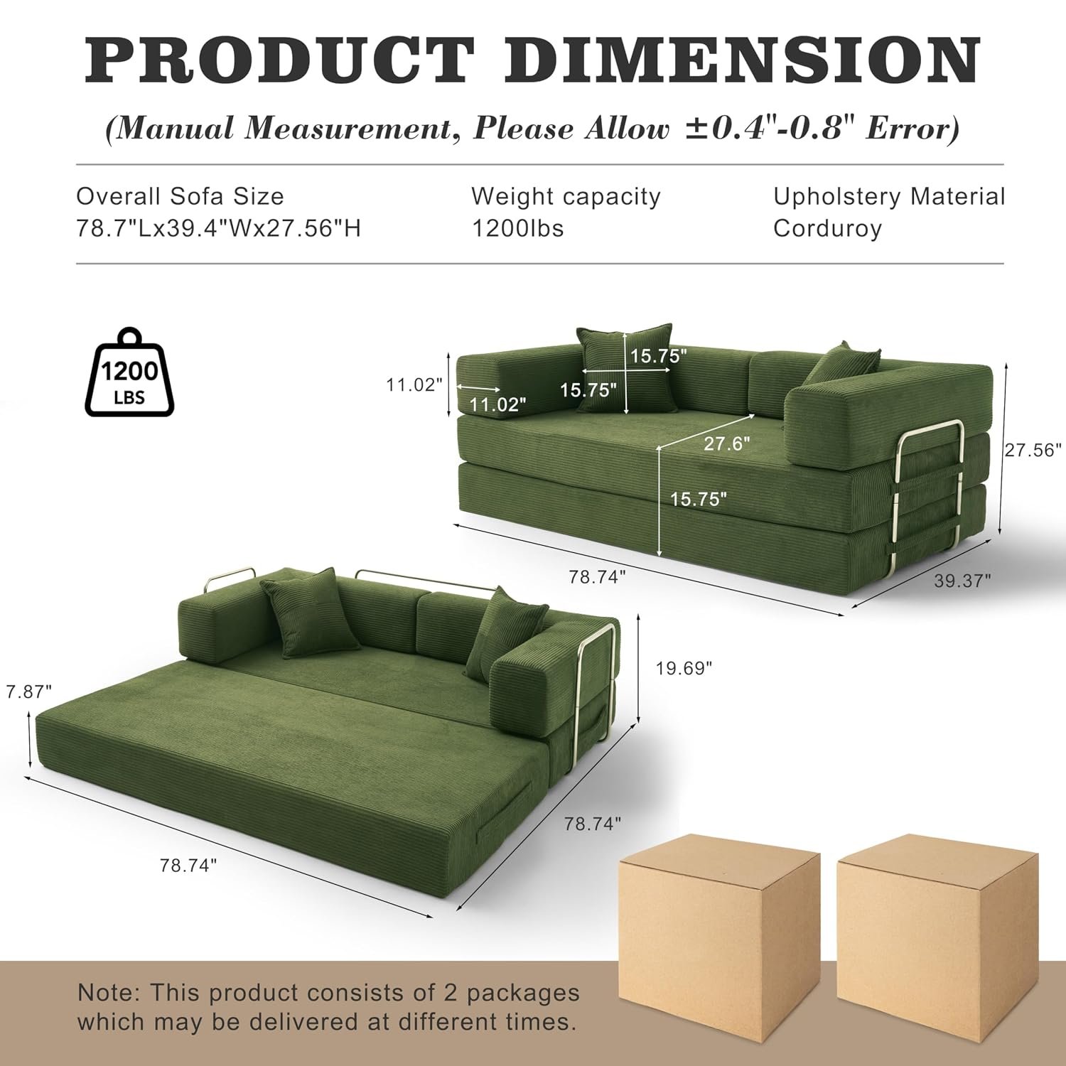 Vipbear Boneless Couch, 3 Seater Sofa Bed Corduroy Modular Couch, 5-in-1 Convertible Folding Sofa Bed with 2 Memory Foam Pillows, Pull-Out Sectional Couches for Living Room, 200cm, Green