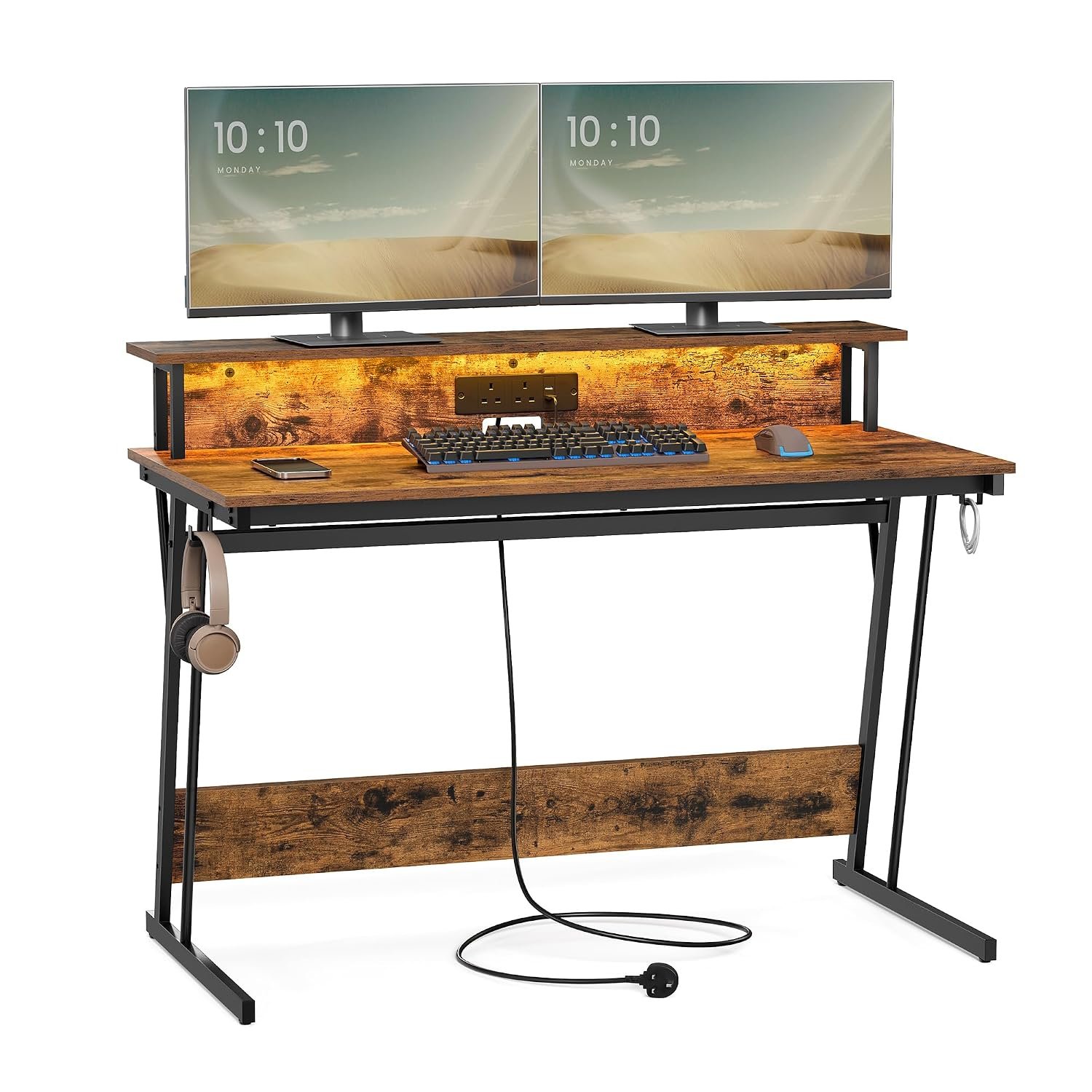 VASAGLE Gaming Desk with LED Lights and Built-In Power Outlets, Computer Desk with Monitor Shelf, Gaming Table for 2 Monitors, Office Desk, for Bedroom