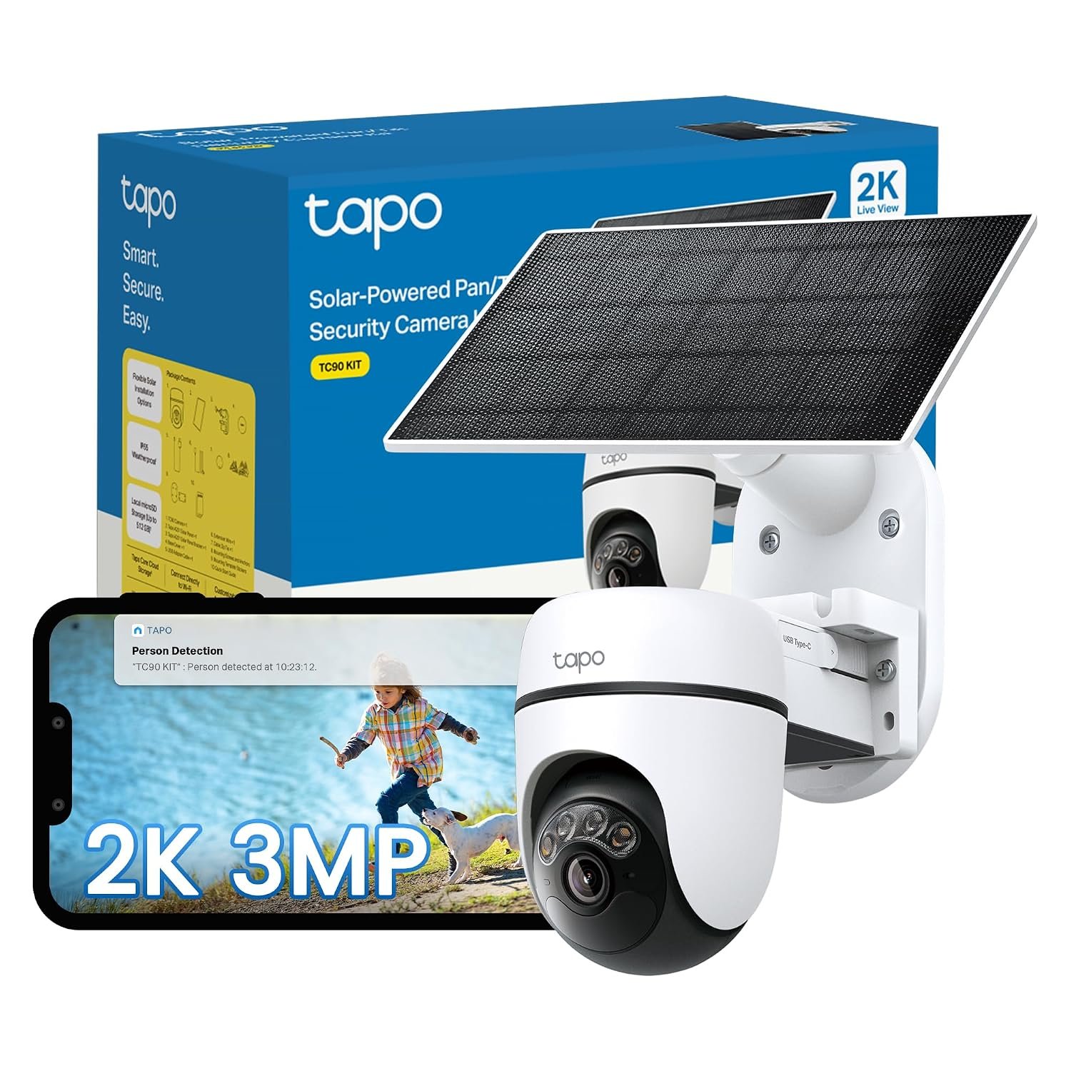 Tapo TC90 KIT 2K 3MP Solar Security Camera Outdoor Wireless,Security camera,Colour Night Outdoor Camera,360°AI Detection CCTV,IP65,No Hub Required,Alexa,Google Home,Flexible Storage,No Monthly fee