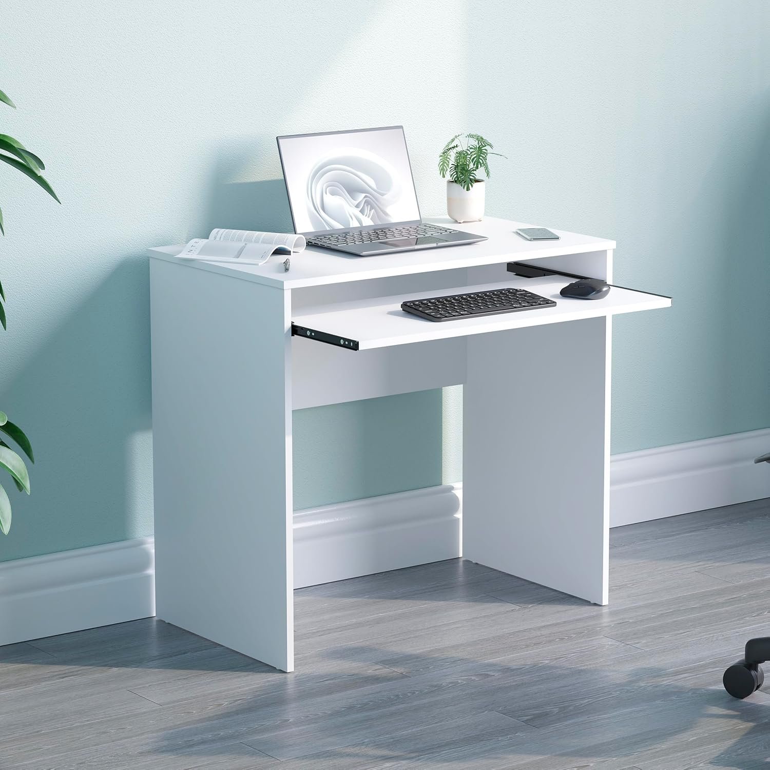 Vida Designs Huby Small Computer Desk, Home Office Compact PC/Laptop Table, Gaming Study Portable, Workstation with Keyboard Tray, Furniture, White