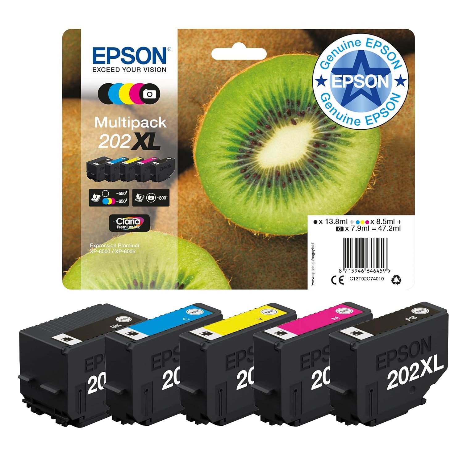 Epson 202XL Kiwi Genuine High Yield Multipack, 5-colours Ink Cartridges, Claria Premium Ink