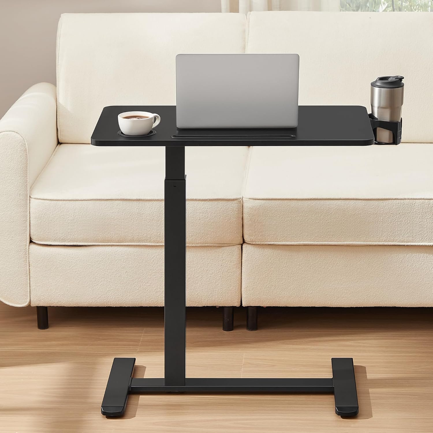 VASAGLE Side Table with Wheels, Mobile Bar Table, 70 x 40 cm Table Top, Adjustable Height, 2 Cup Holders, Slot for Mobile Phone or Tablet, Ink Black LSD600B01