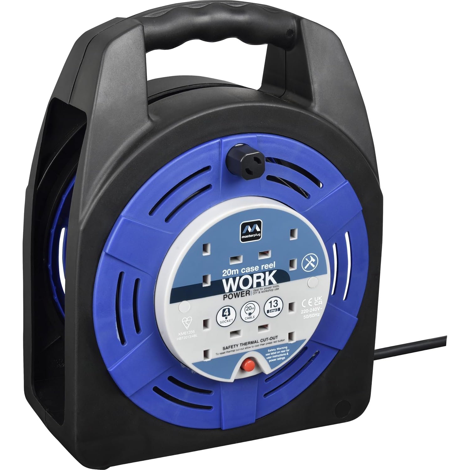 Masterplug Four Socket, 20 Metre Case Reel, Large Extension Lead Cable Reel, Wind-Up Retractable Power Cord Reel, Thermal Cut Out, Work Power, Blue/Black, 13A, 4G, 20m, HBT2013/4BL