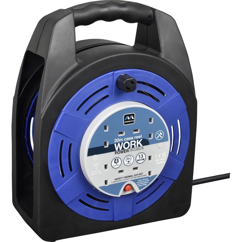 Masterplug Four Socket, 20 Metre Case Reel, Large Extension Lead Cable Reel, Wind-Up Retractable Power Cord Reel, Thermal Cut Out, Work Power, Blue/Black, 13A, 4G, 20m, HBT2013/4BL