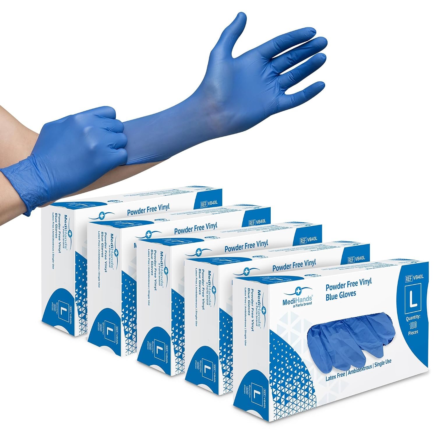 Farla MediHands Blue Large Vinyl Examination Gloves - Box of 500 Disposable, Powder-Free, Latex-Free, Protein-Free Medical Gloves - Multi-Purpose, Single-Use