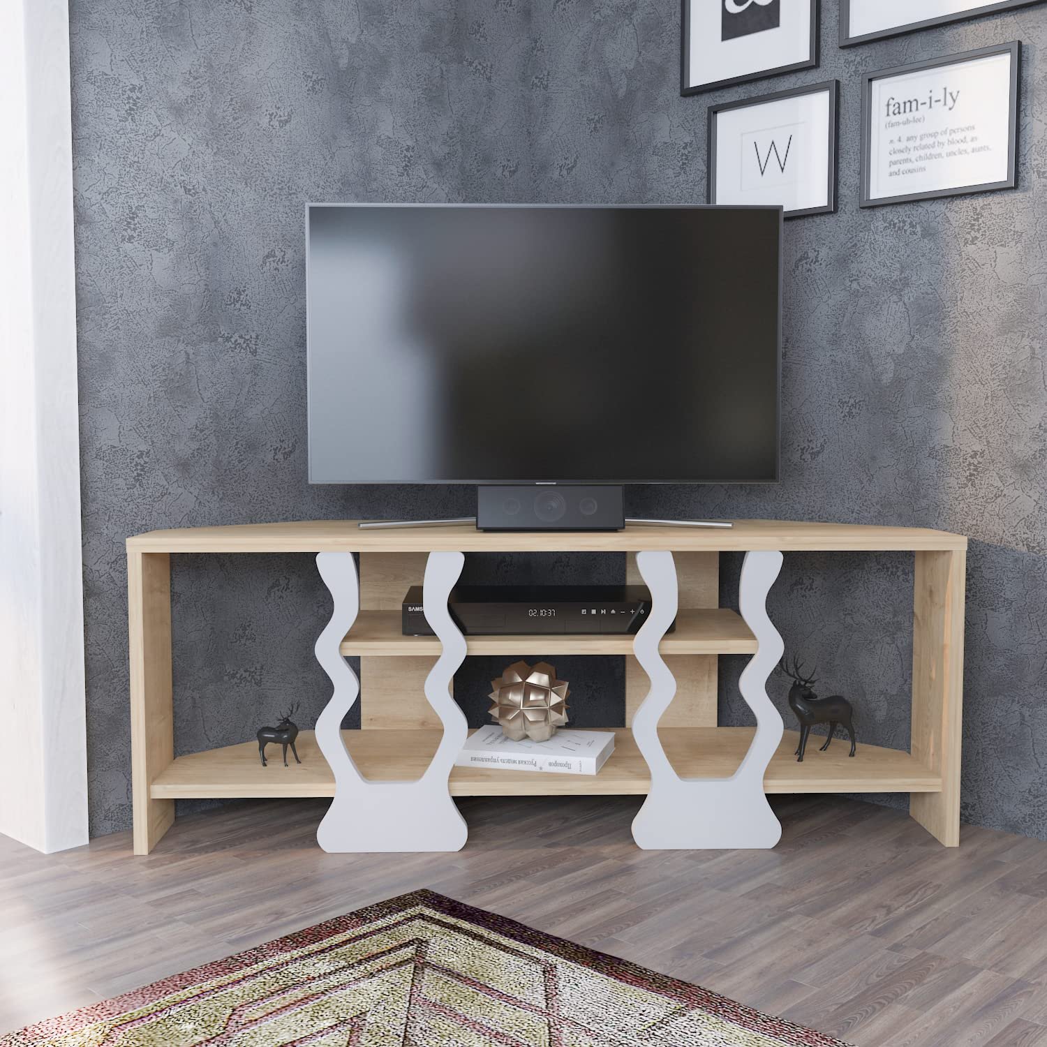 Decorotika-Firal Corner TV Stand with Open Shelves Multimedia Storage and Entertainment Unit (Sapphire Oak and White)