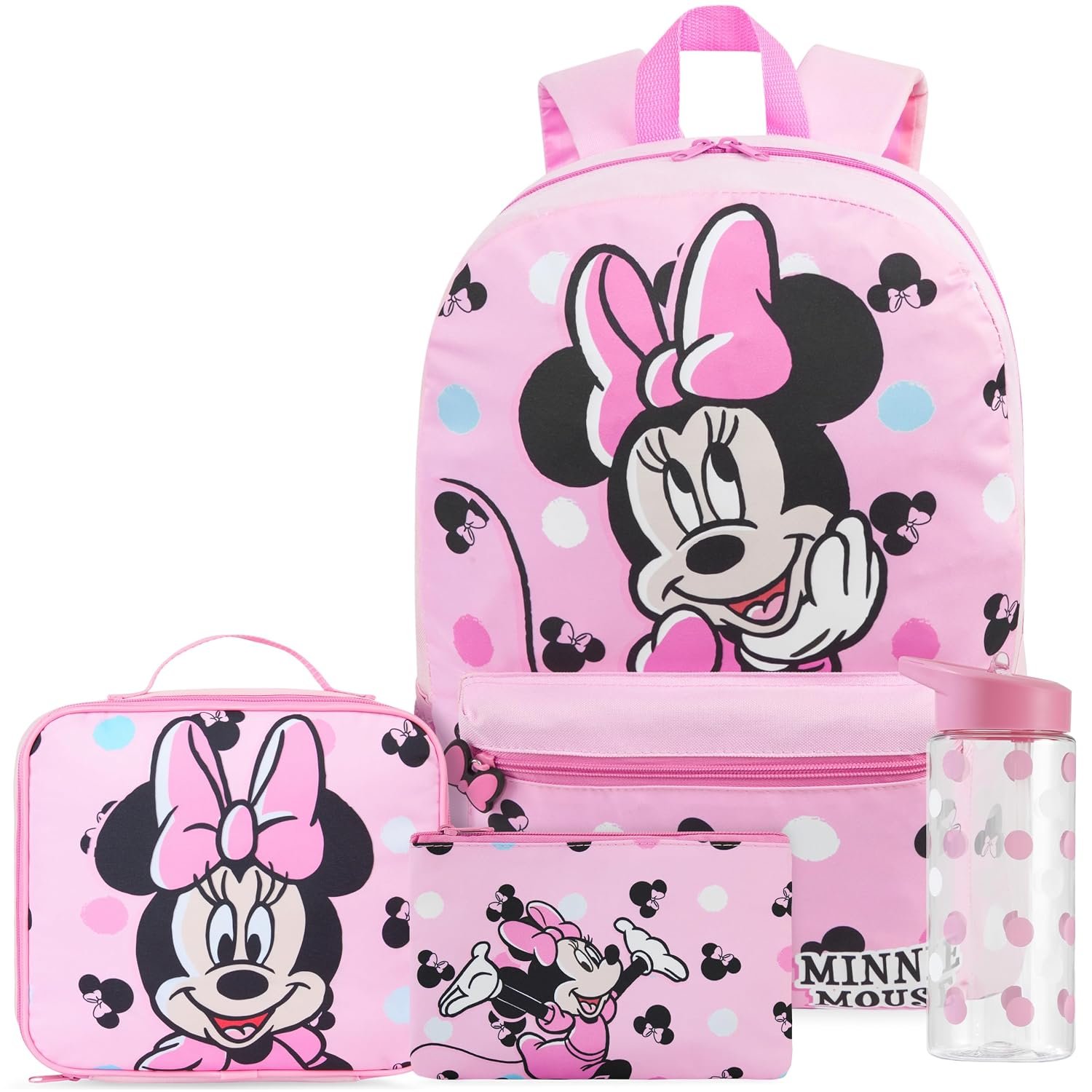 Get Trend Disney Minnie Mouse Kids Backpack Set, 4 Pcs School Bag Rucksack with Insulated Lunch Bag, Pencil Case & 500ml BPA-Free Water Bottle School Supplies, Gifts for Girls (Pink Minnie)
