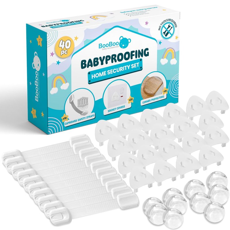 Booboo Baby (40 Pack) Child Safety Baby Proofing Kit | x10 Door Strap Locks, x10 Corner Guards, x20 Plug Protectors | Baby Proof Your Home & Kitchen with No Trapped Fingers | No Tools Needed