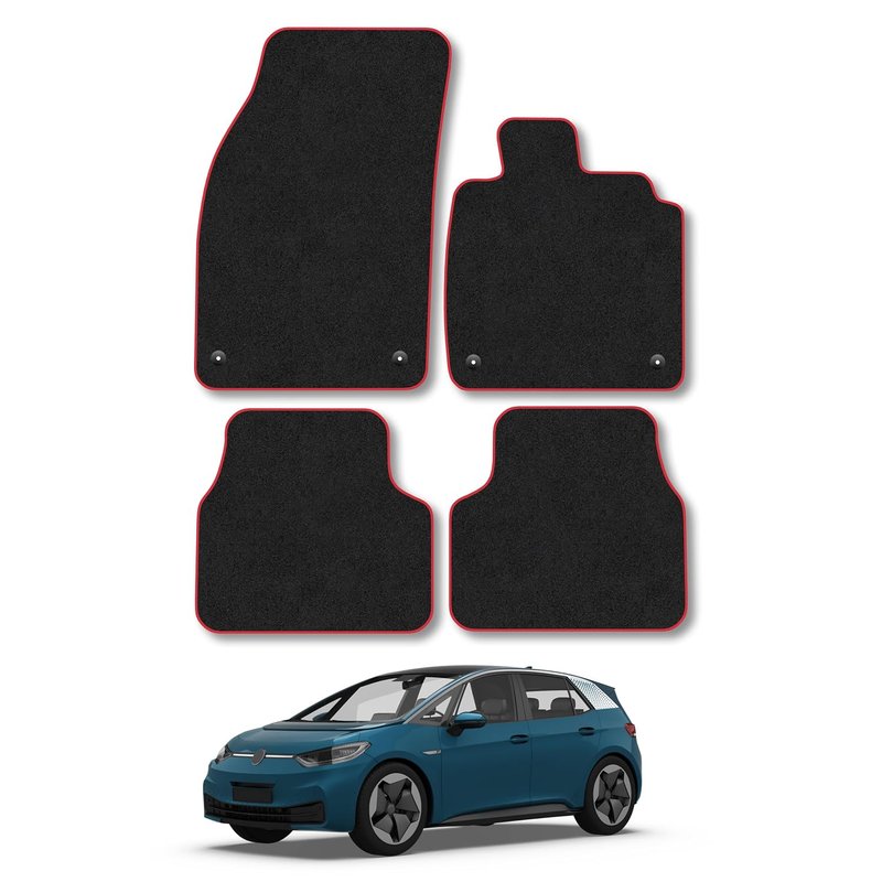 VW ID.3 (2019+) Car Mats Accessories Tailored Fit Carpet Floor Mats Non Slip Red Trim Accessory Compatible Front Rear Set Anti Slip Backing Custom Fit Hand-Finished Full Coverage Clips
