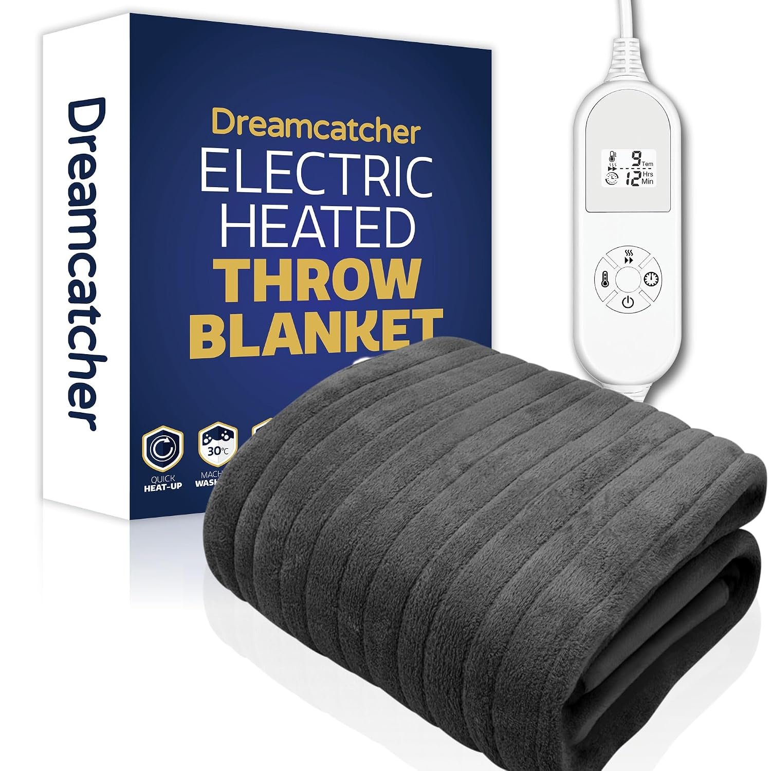 Dreamcatcher Grey Heated Throw Electric Blanket, 160 x 120cm Heated Blanket Machine Washable Soft Fleece Electric Throw Overblanket with 12HR Timer and 9x Control Heat Settings