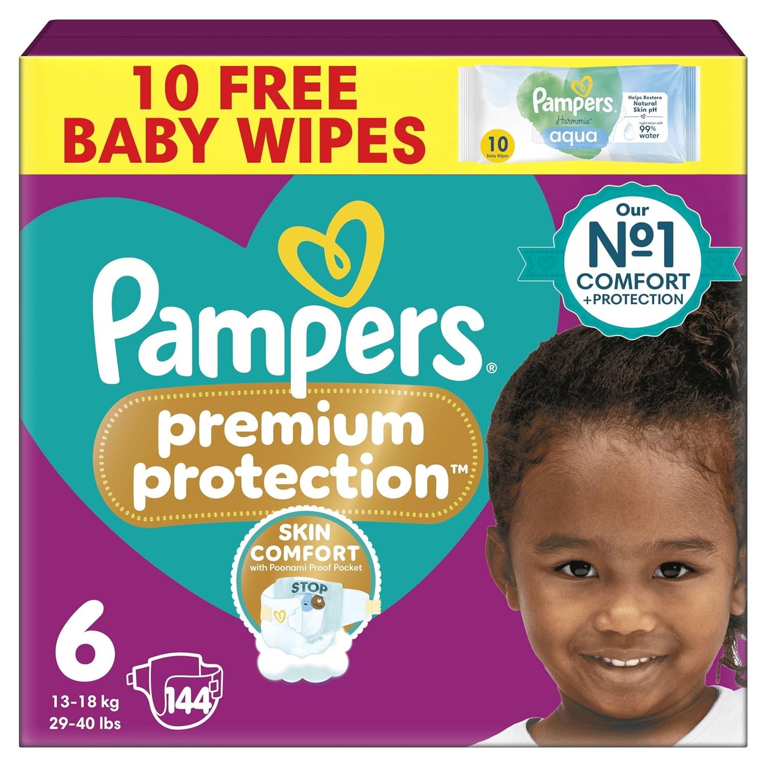 Pampers Premium Protection Size 6, 144 Baby Nappies, 13kg-18kg, Monthly Pack, Pampers Harmonie Aqua Baby Wipes 1 Pack of 10 Wipes