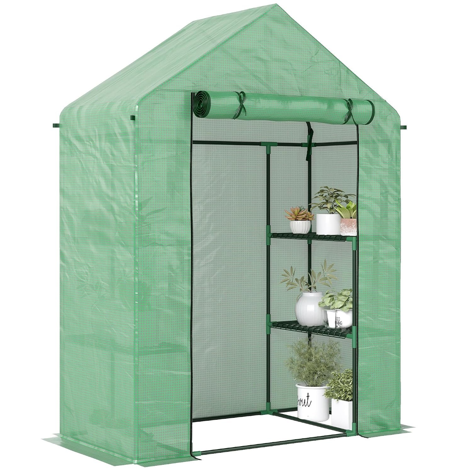 Outsunny Walk In Greenhouse with Shelves, Portable Gardening Plant Grow House for Outdoor with 2 Tier Shelf, Roll-Up Zippered Door, PE Cover, 143 x 73 x 195cm, Green