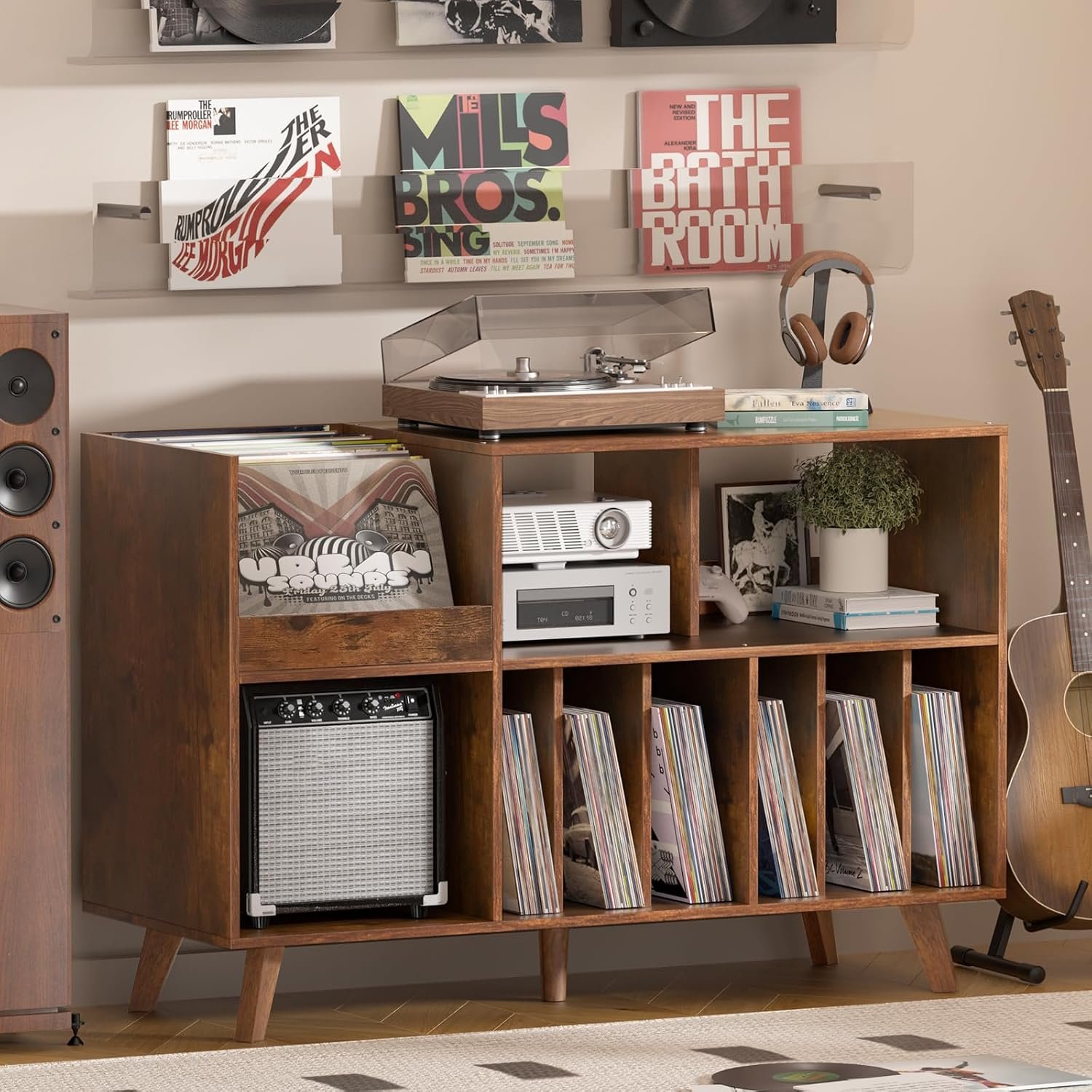 LELELINKY Large Record Player Stand, Turntable Stand with Storage, Vinyl Holder with Display Area, Record Player Table Holds Up to 450 Albums, Record Holder for Music Room Living Room