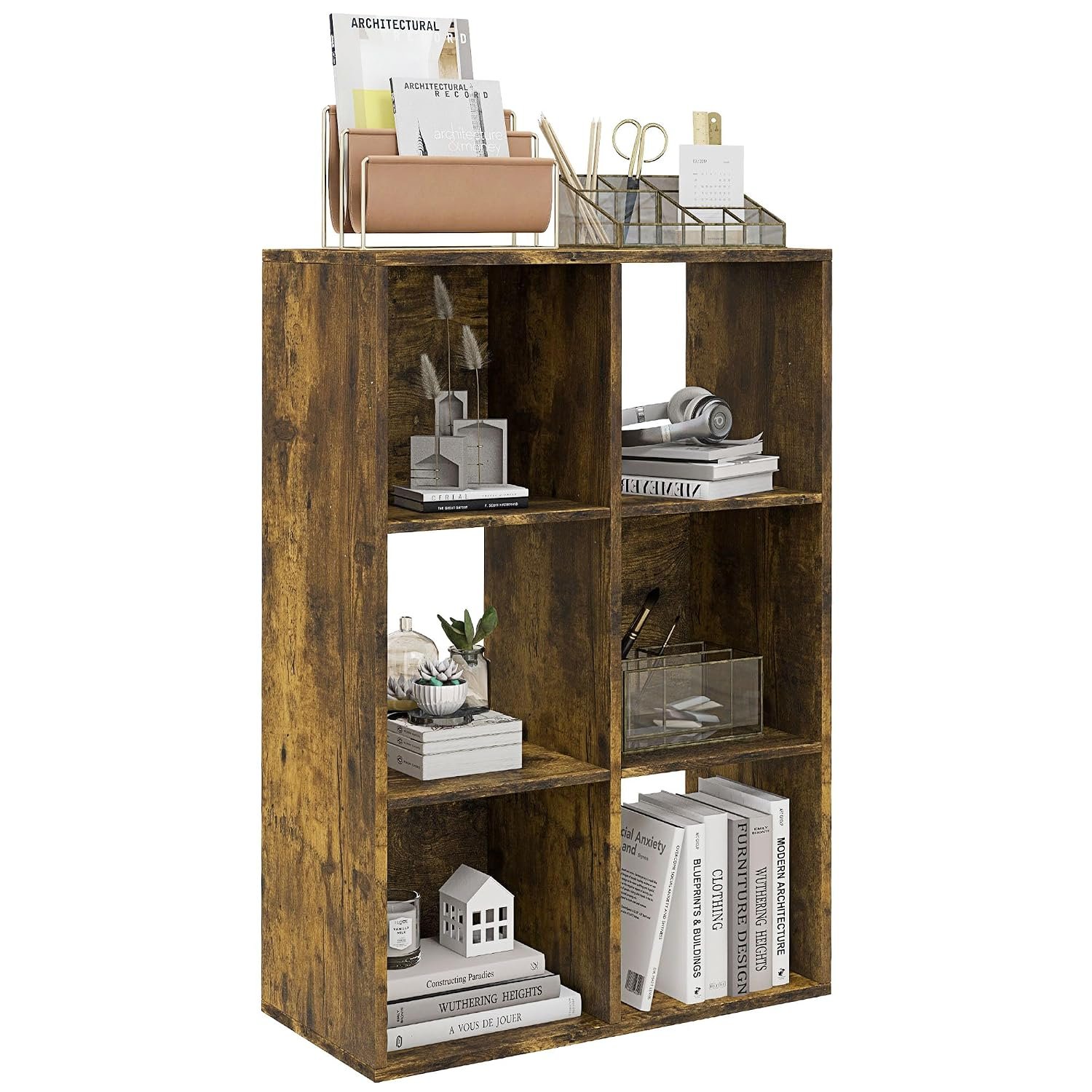 HOMCOM 6-Cube Bookshelf, Modern Freestanding 3-Tier Bookcase, Display Shelving Unit for Living Room, Bedroom, Home Office, Study, Rustic Brown