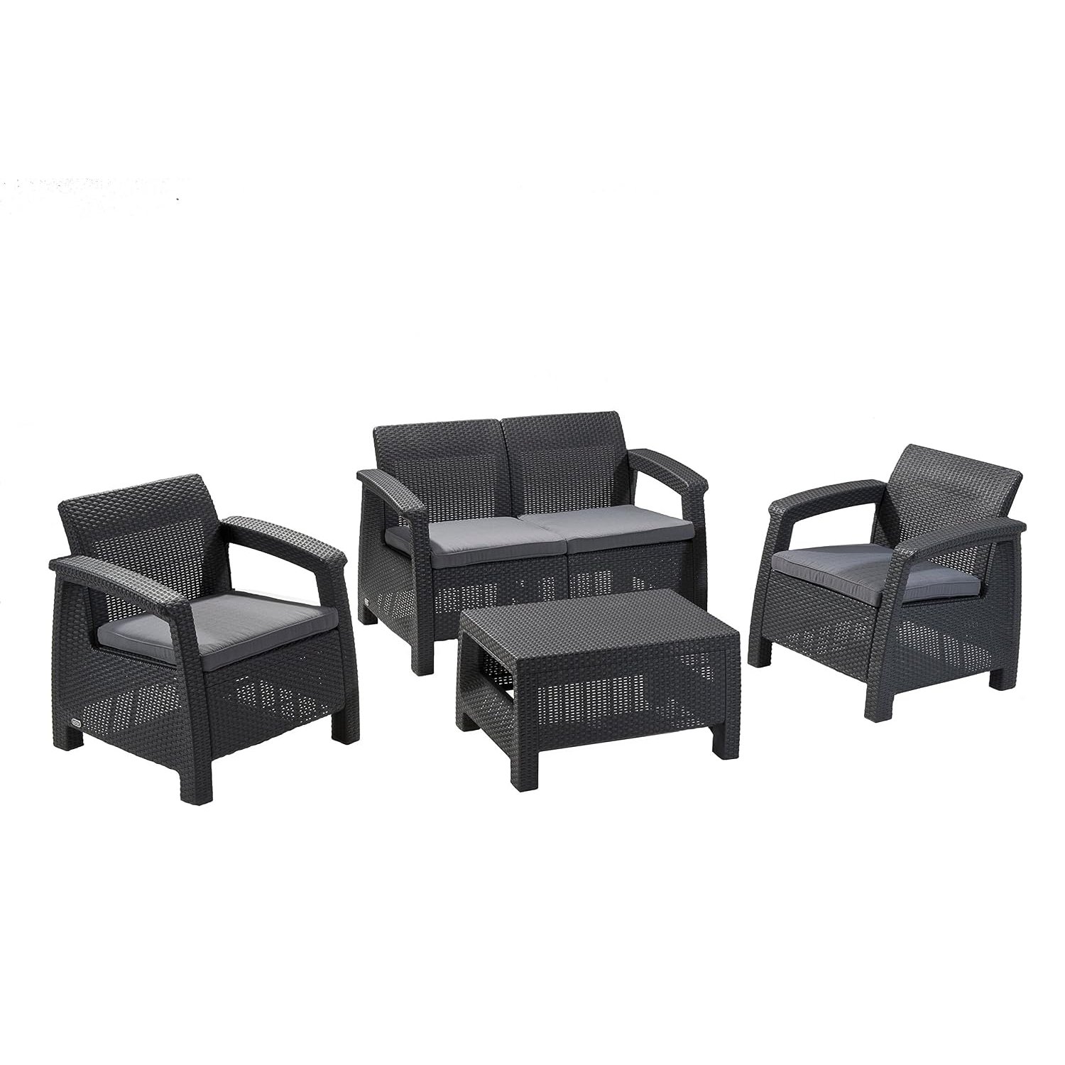 Keter GF06784 Corfu Outdoor 4 Seater Rattan Sofa Furniture Set with Accent Table - Graphite with Cream/Mushroom Cushions