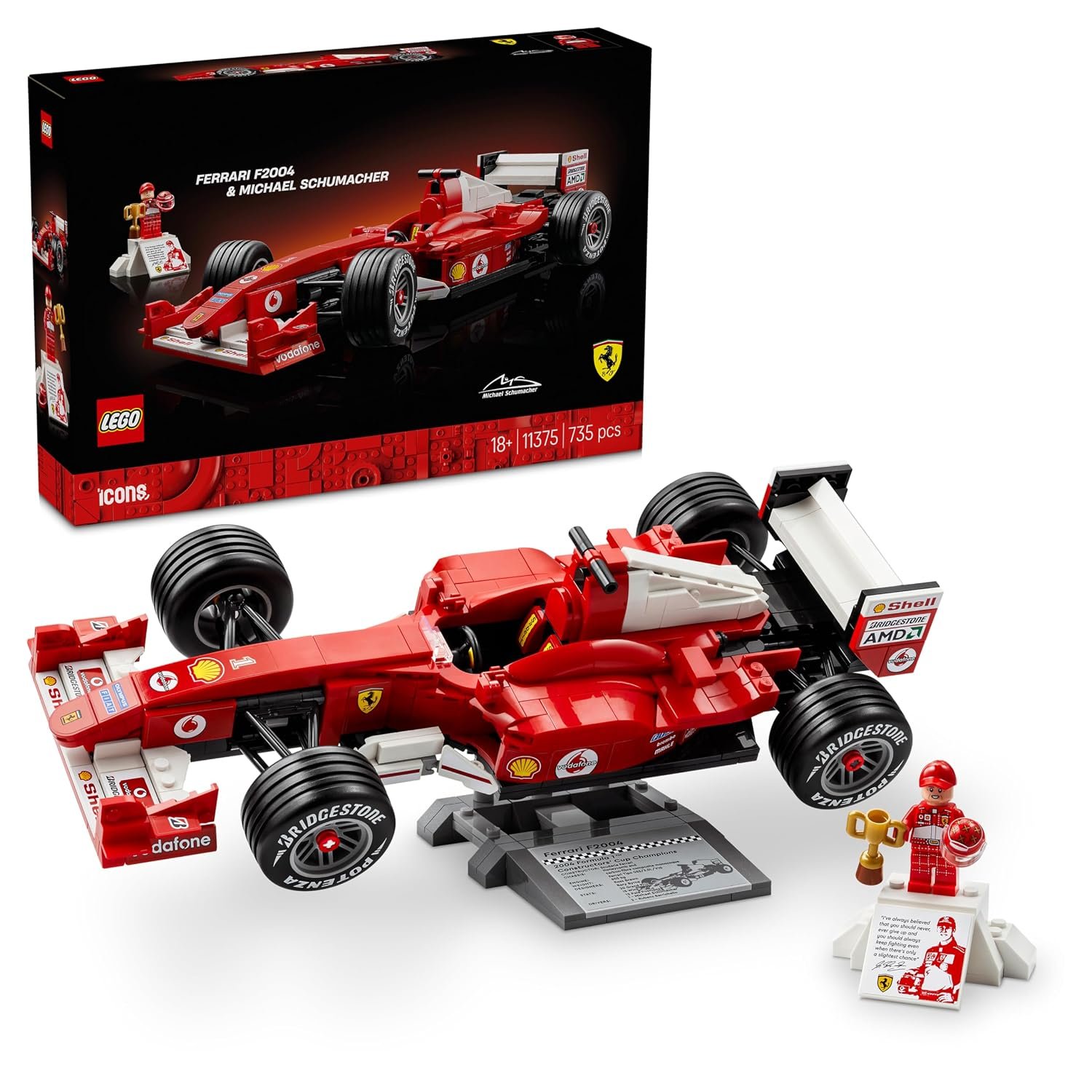 LEGO Icons Ferrari F2004 & Michael Schumacher - F1 Car Model Kit for Adults - Display Set w/ V10 Engine & Driver Minifigure - Father's Day Treat - DIY Formula 1 Gift for Motorsport Fans - 11375
