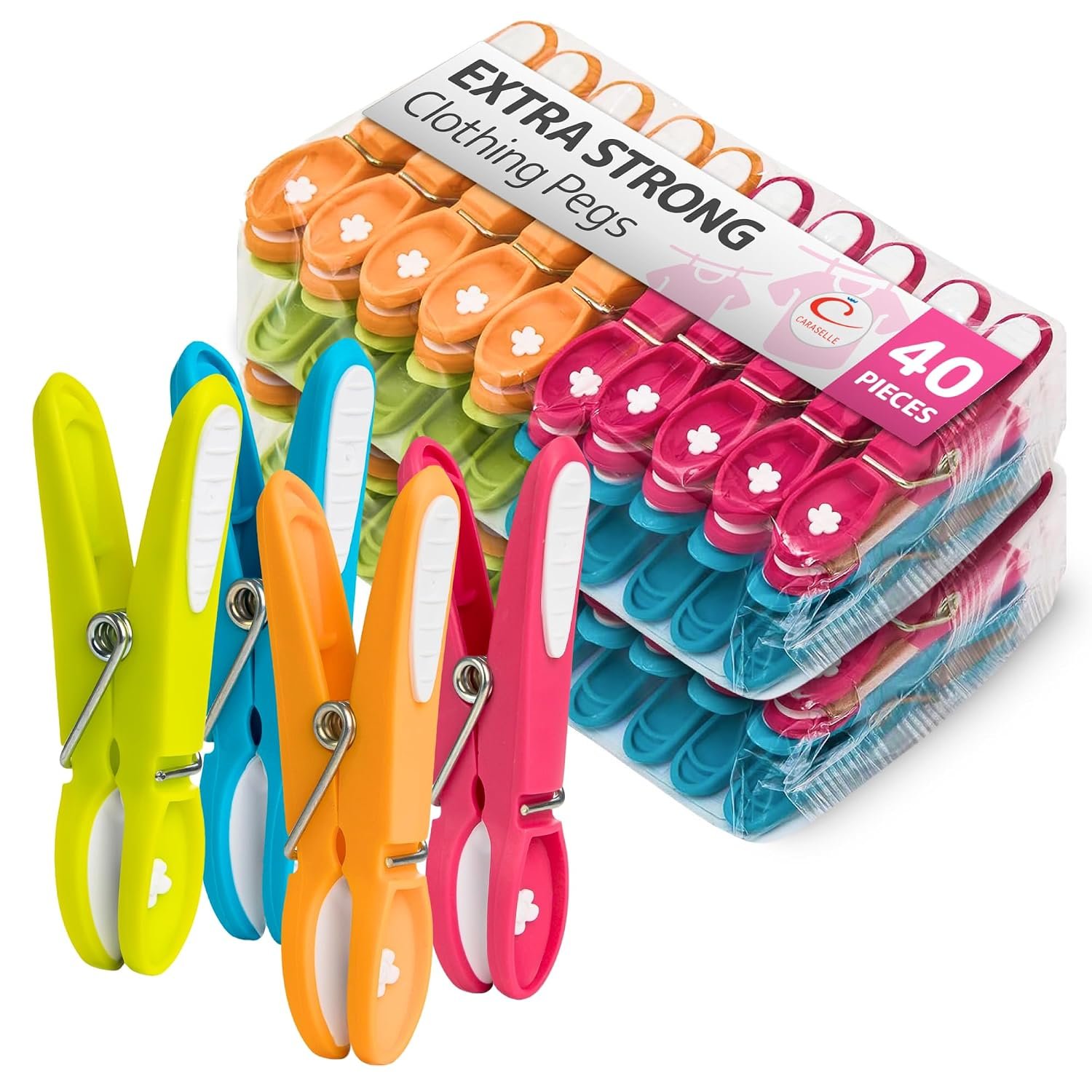 CARASELLE Clothes Pegs for Washing Line Strong - Non Slip Heavy Duty Washing Pegs w/Rubber Pad for Mark Free Secure Grip - Indoor Outdoor Plastic Clothes Pegs Strong Large Laundry Pegs - 40 pcs