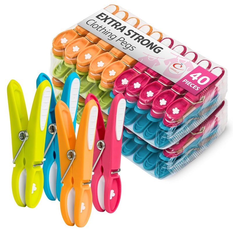 CARASELLE Clothes Pegs for Washing Line Strong - Non Slip Heavy Duty Washing Pegs w/Rubber Pad for Mark Free Secure Grip - Indoor Outdoor Plastic Clothes Pegs Strong Large Laundry Pegs - 40 pcs