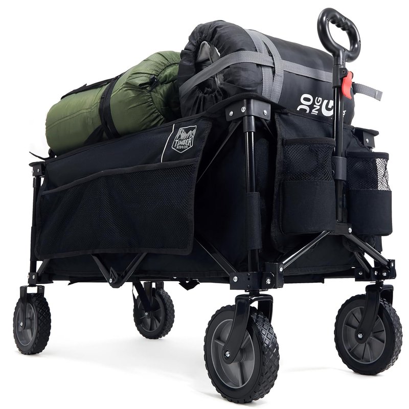 TIMBER RIDGE Festival Trolley on Wheels, 200L Folding Camping Trolley Wagon with Adjustable Handle & Cup Holder, Foldable Heavy Duty Beach Trolley Cart for Outdoor Garden Picnic Shopping, Black