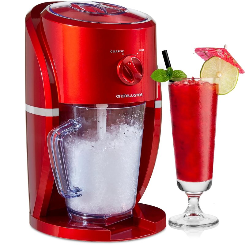 Andrew James Ice Crusher Slush Machine | Electric Crushed Ice Maker for Slushies Cocktails & Smoothies for Home Use | Stylish Retro Design | 1L BPA Free Plastic Jug & Built in Stirrer | 25W | Red