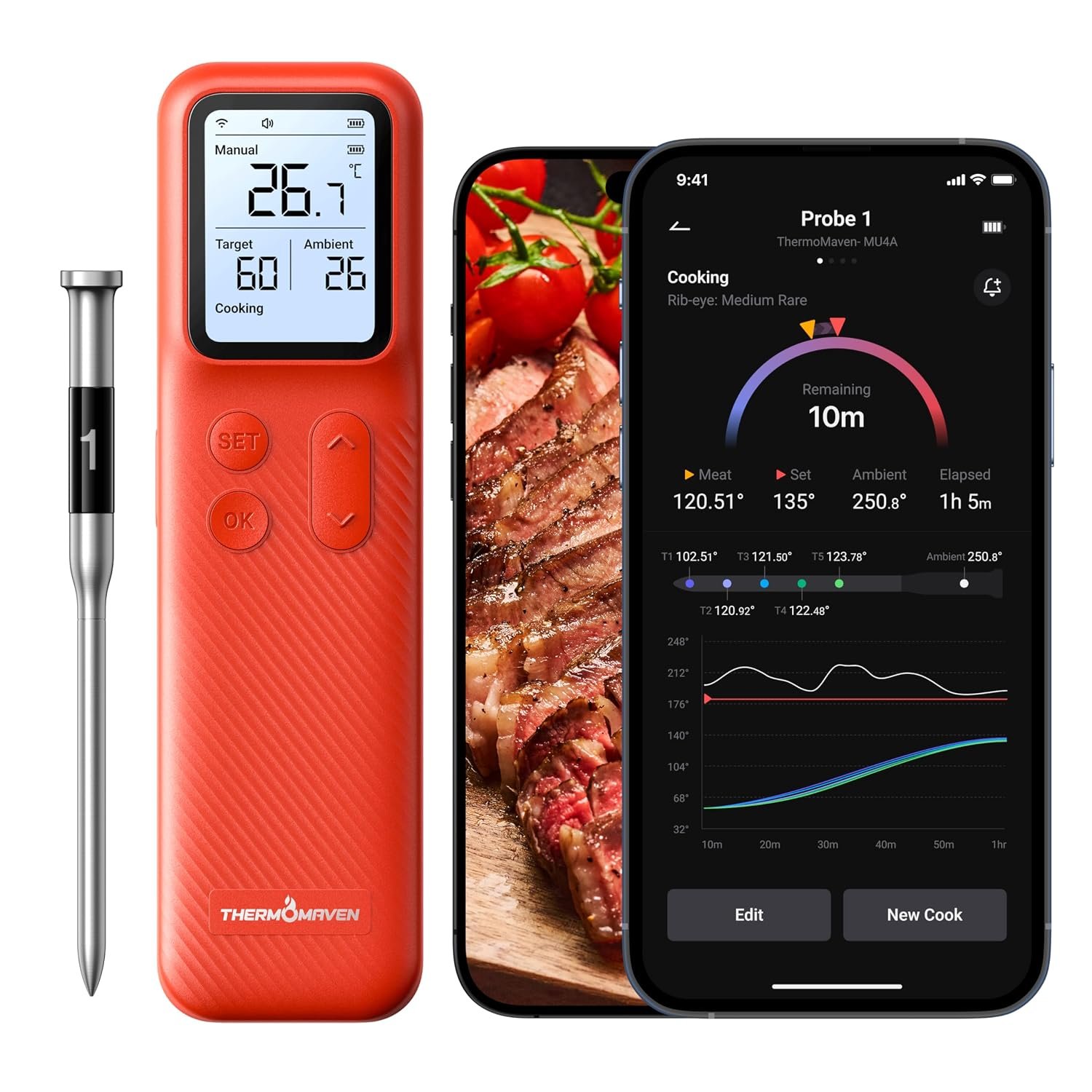 ThermoMaven P1 Wireless Meat Thermometer, WiFi & 152m Bluetooth 5.3, 6 Sensors, ±0.3°C Accuracy, APP & Standalone Base Display, IPX8 Waterproof Temperature Probe for BBQ Grill Oven Smoker Air Fryer