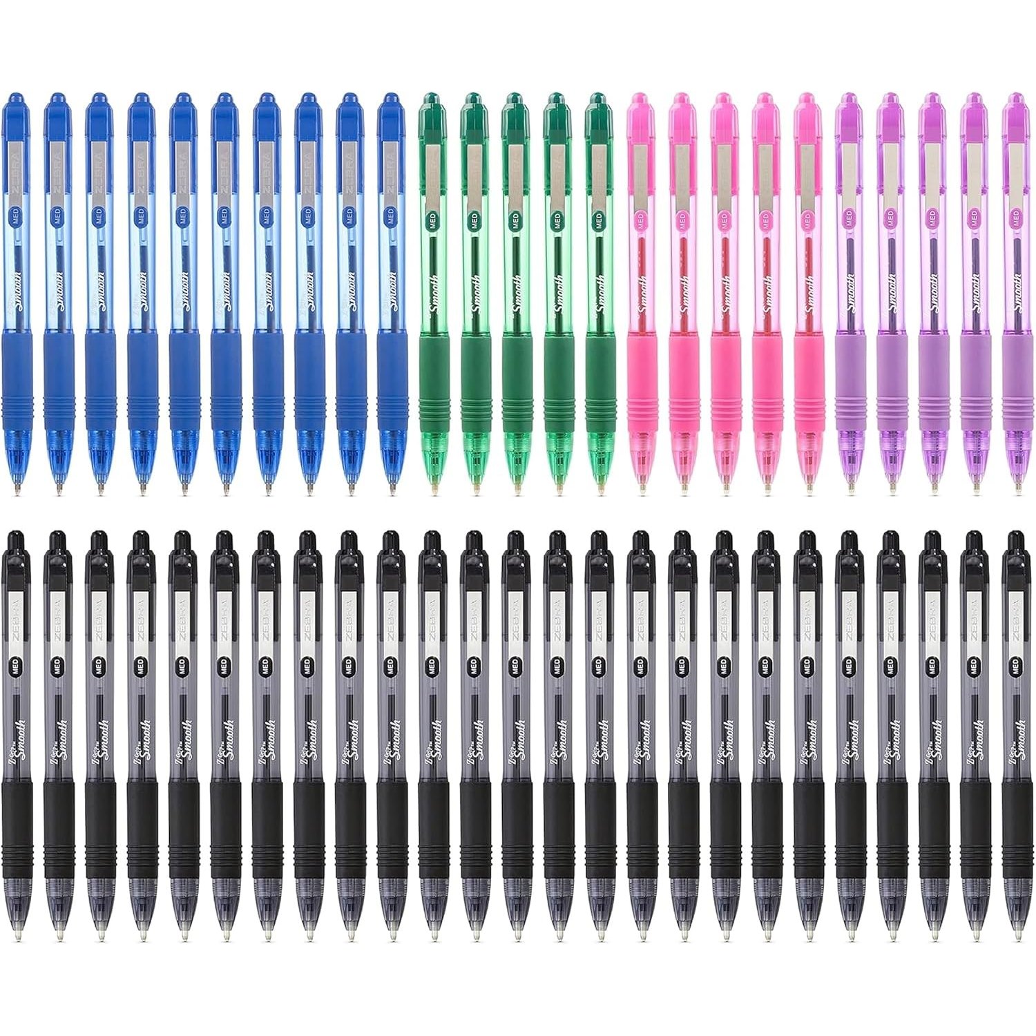 ZEBRA Z GRIP Smooth Assorted Retractable Ballpoint pens with easy glide ink, comfortable grip with pocket clip and reliable biro, medium point 50 Pack of 5 assorted colours