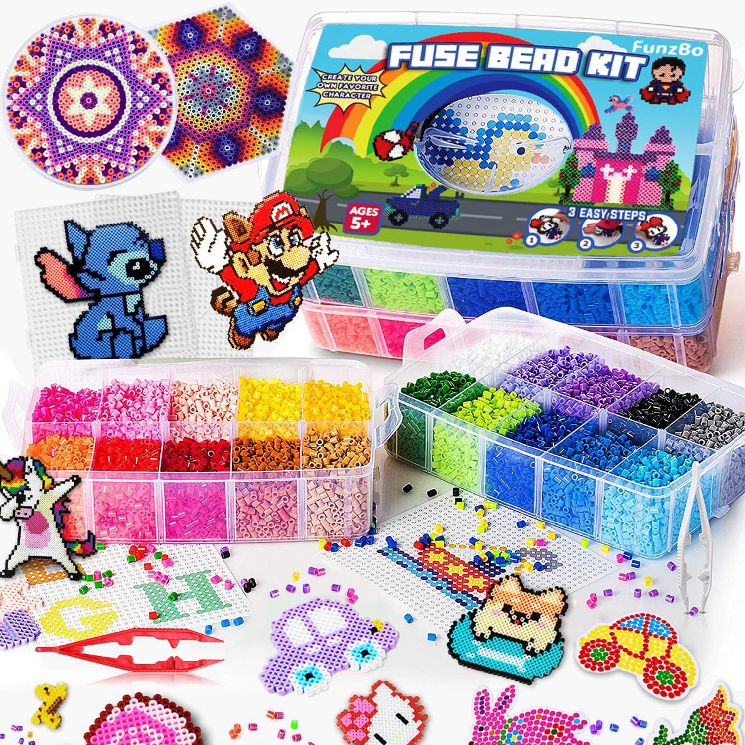 FunzBo 23000PCS Fuse Beads for Kids Craft Art - 106 Patterns Fuse Bead Melty Fusion Colored Arts and Crafts Set for Boys Girls Age 4 5 6 7 8 Year Old Classroom (Mega)
