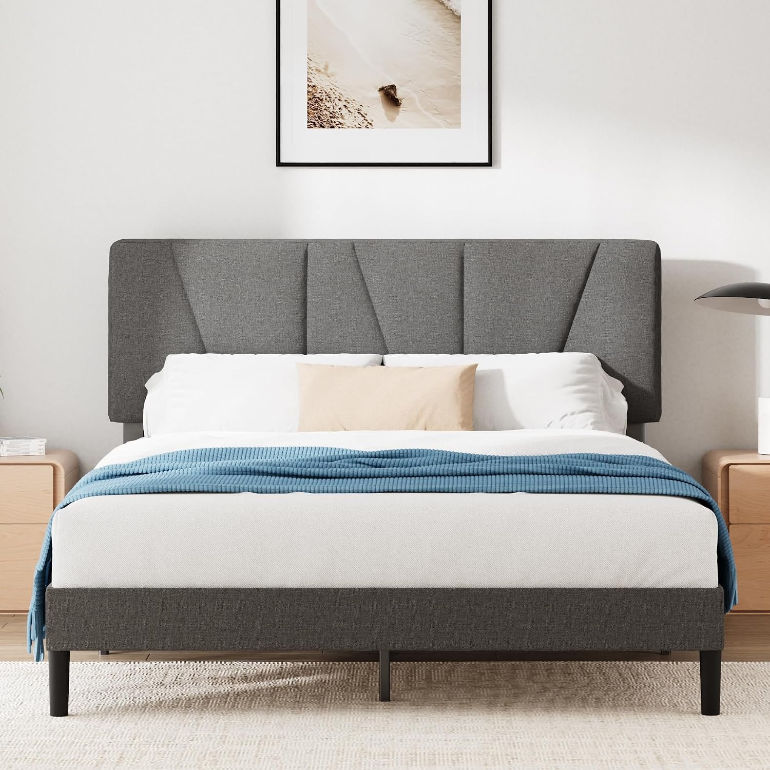 Zinus Maya Double Bed Frame with Headboard - 4ft6 (135 x 190 cm) - Upholstered Bed Base - Wooden Slat Support - Easy Assembly - Dark Grey