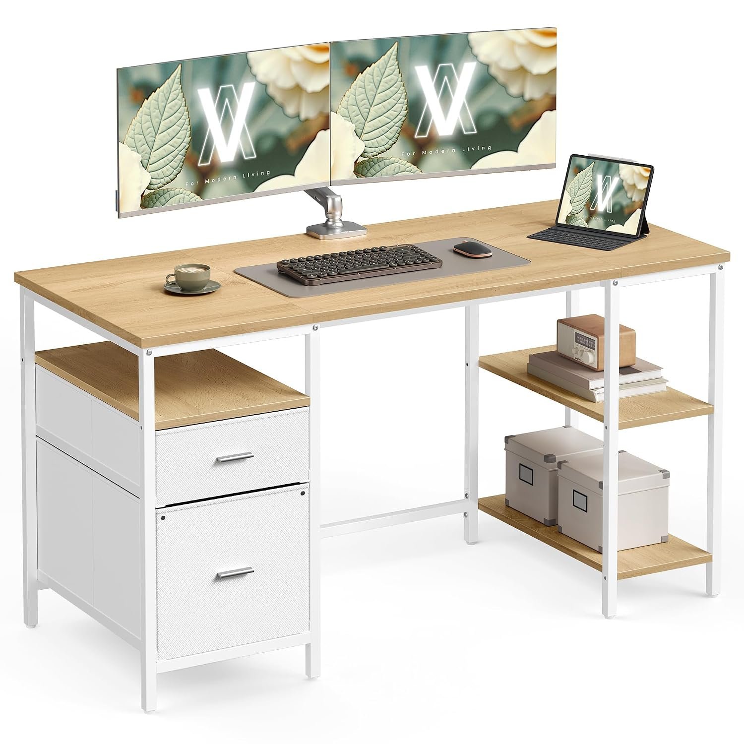 VASAGLE Computer Desk, Work Desk with Storage, 3 Shelves, 2 Drawers, 60 x 140 x 76 cm, for Home Office, Living Room, Modern Style, Natural Oak and Pearl White LWD104Y01