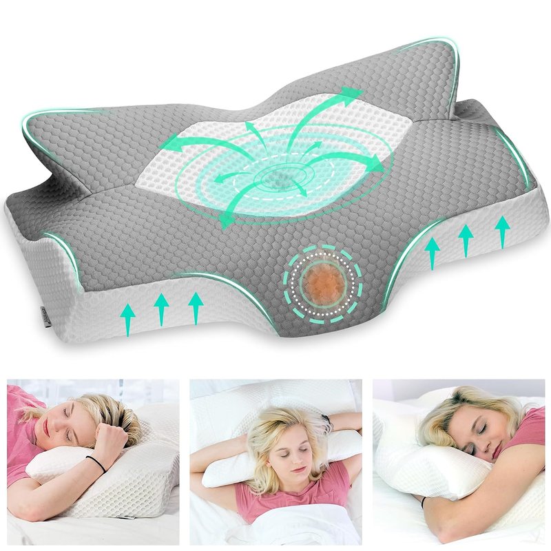 Elviros Cervical Memory Foam Pillow, Ergonomic Neck and Shoulder Support Pillow for Side/Back/Stomach Sleepers with Removable Cover (Grey)