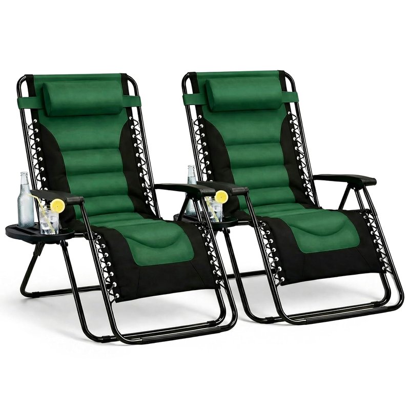 Straame XXL Padded Zero Gravity Chairs Set of 2, Folding Reclining Garden Chairs, Camping Chair Sun Loungers, Lockable 160° Patio Recliners with Adjustable Headrest(Padded, Green)