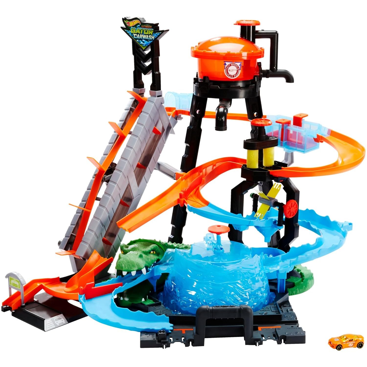 Hot Wheels Ultimate Gator Car Wash ,manual crank elevator, crazy track, water tower, whirlpool dunk tank, and 1 Colour Shifters car, FTB67