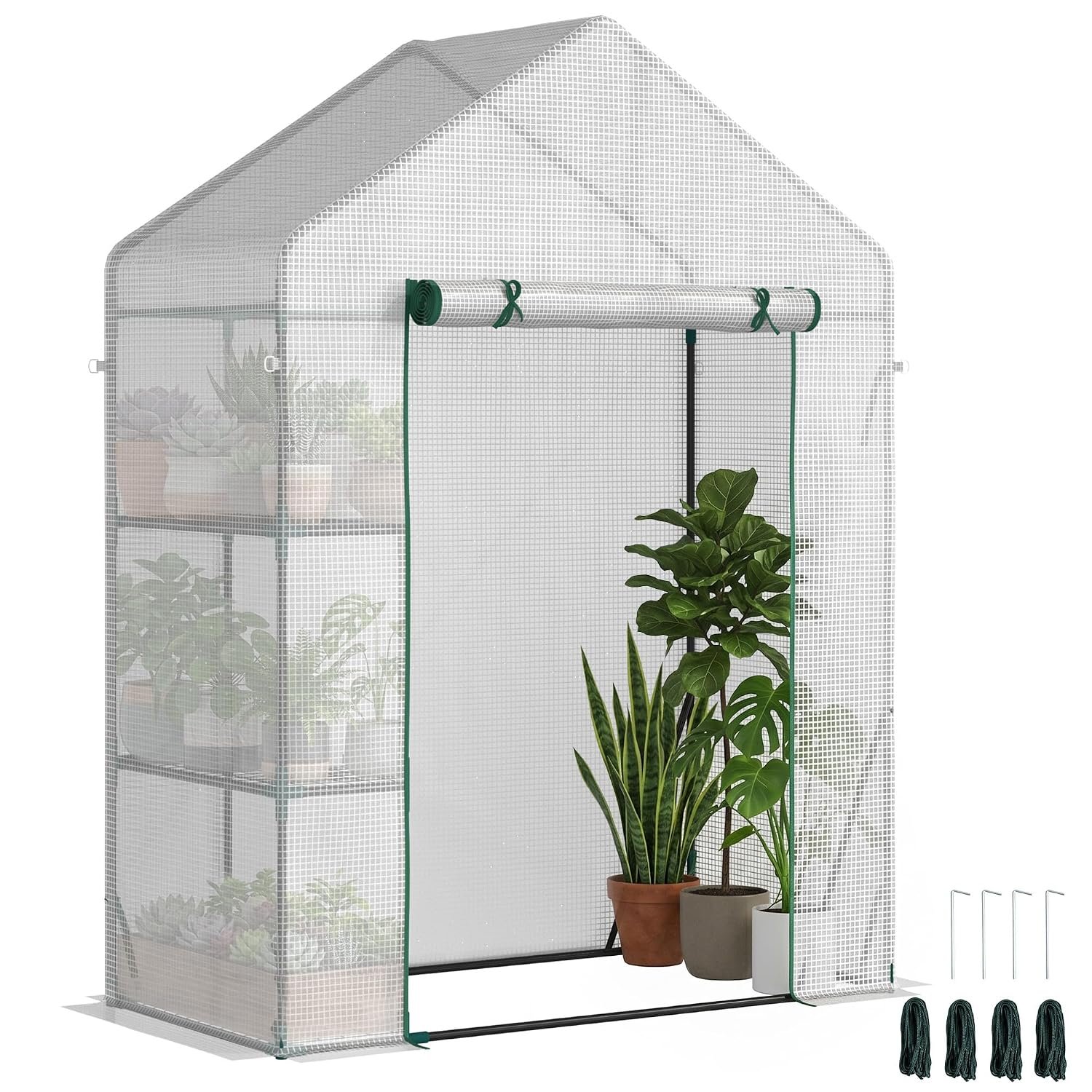 Outsunny Walk In Greenhouse with 2 Tier Shelf, Portable Gardening Plant Grow House Tomato Greenhouse with Roll up Zip Panel Door, Reinforced PE Cover, 143 x 73 x 195cm, Green