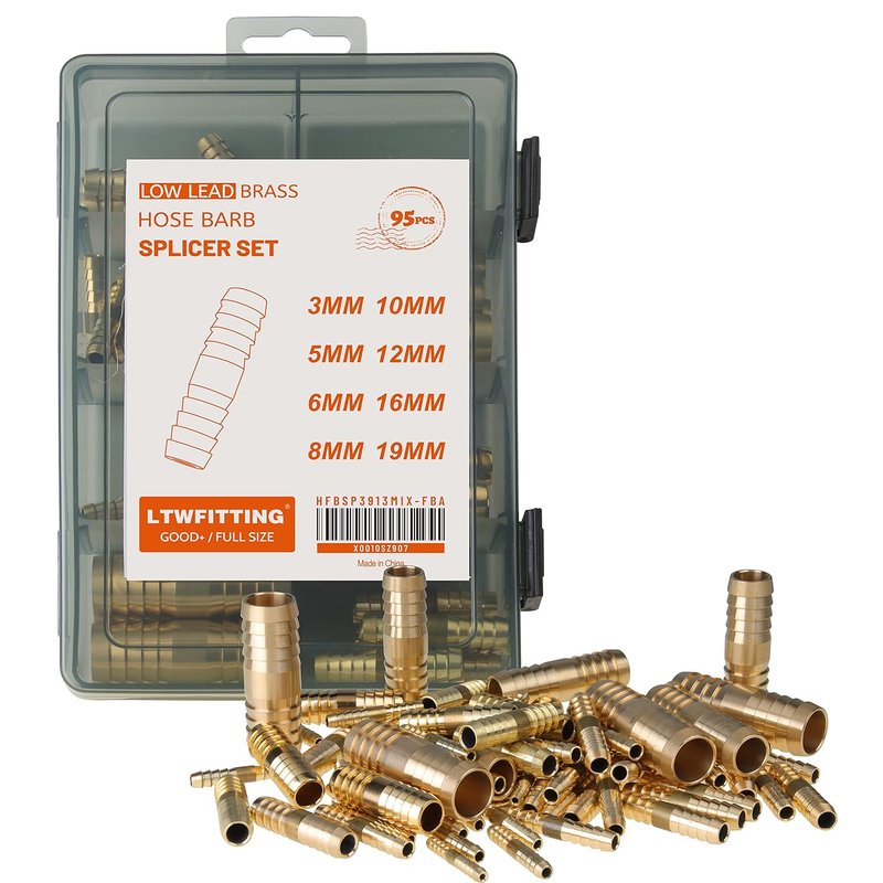 LTWFITTING Brass Hose Barbed Fitting Sets 3mm 5mm 6mm 8mm 10mm 12mm 16mm 19mm ID 2 Way Hose Connector Set (Pack of 95)