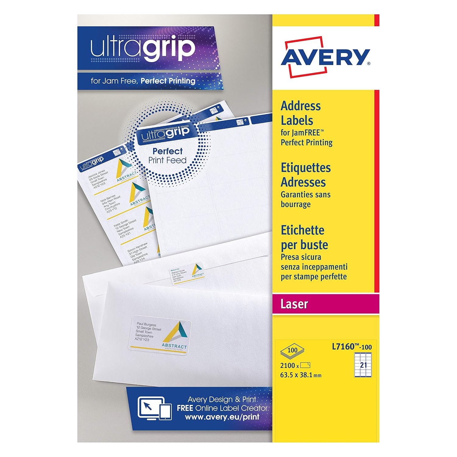 Avery JamFREE, Printable, Address Labels, Customisable, 63.5 x 38. 1 mm, White, 21 Labels per Sheet, 2100 Blank Labels per Pack (L7160-100)