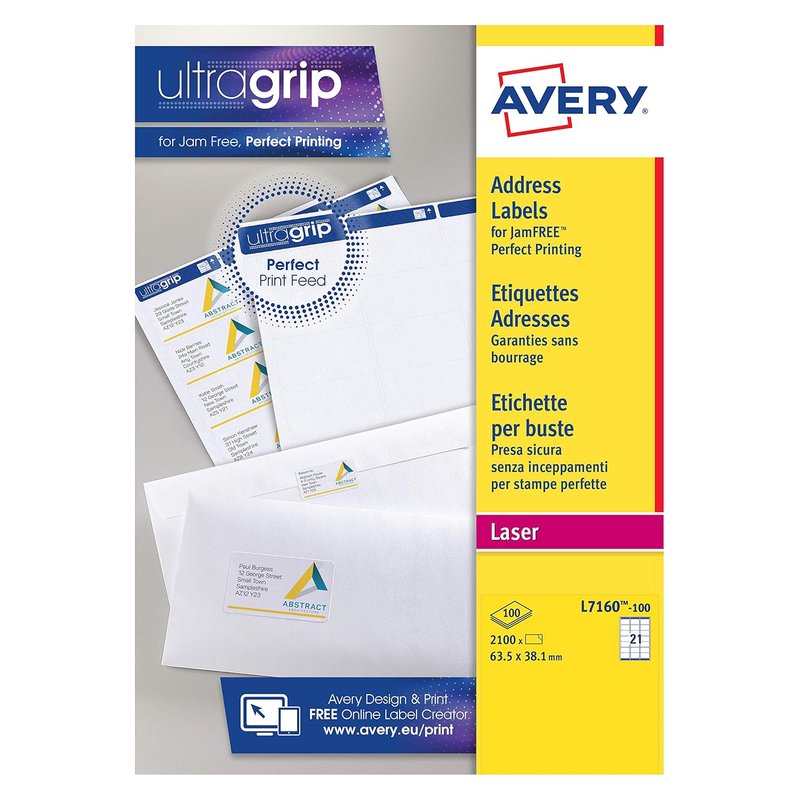 Avery JamFREE, Printable, Address Labels, Customisable, 63.5 x 38. 1 mm, White, 21 Labels per Sheet, 2100 Blank Labels per Pack (L7160-100)