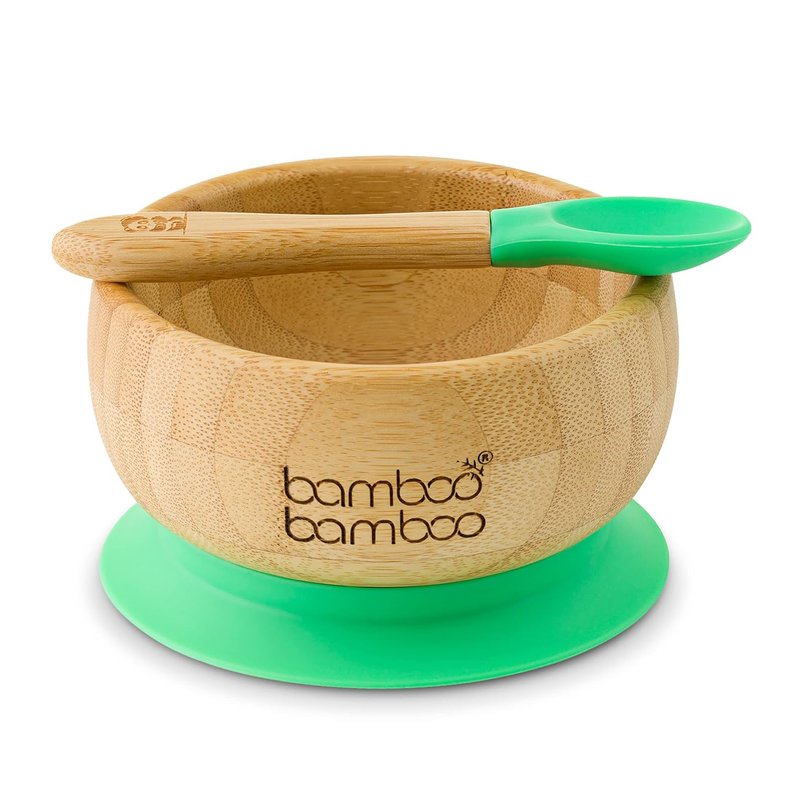 bamboo bamboo Baby Bowl and Spoon Set for Weaning, Bowl with Silicone Suction Ring, Toddler Bowls with Baby Spoon for Babies from 6 Months (Green)